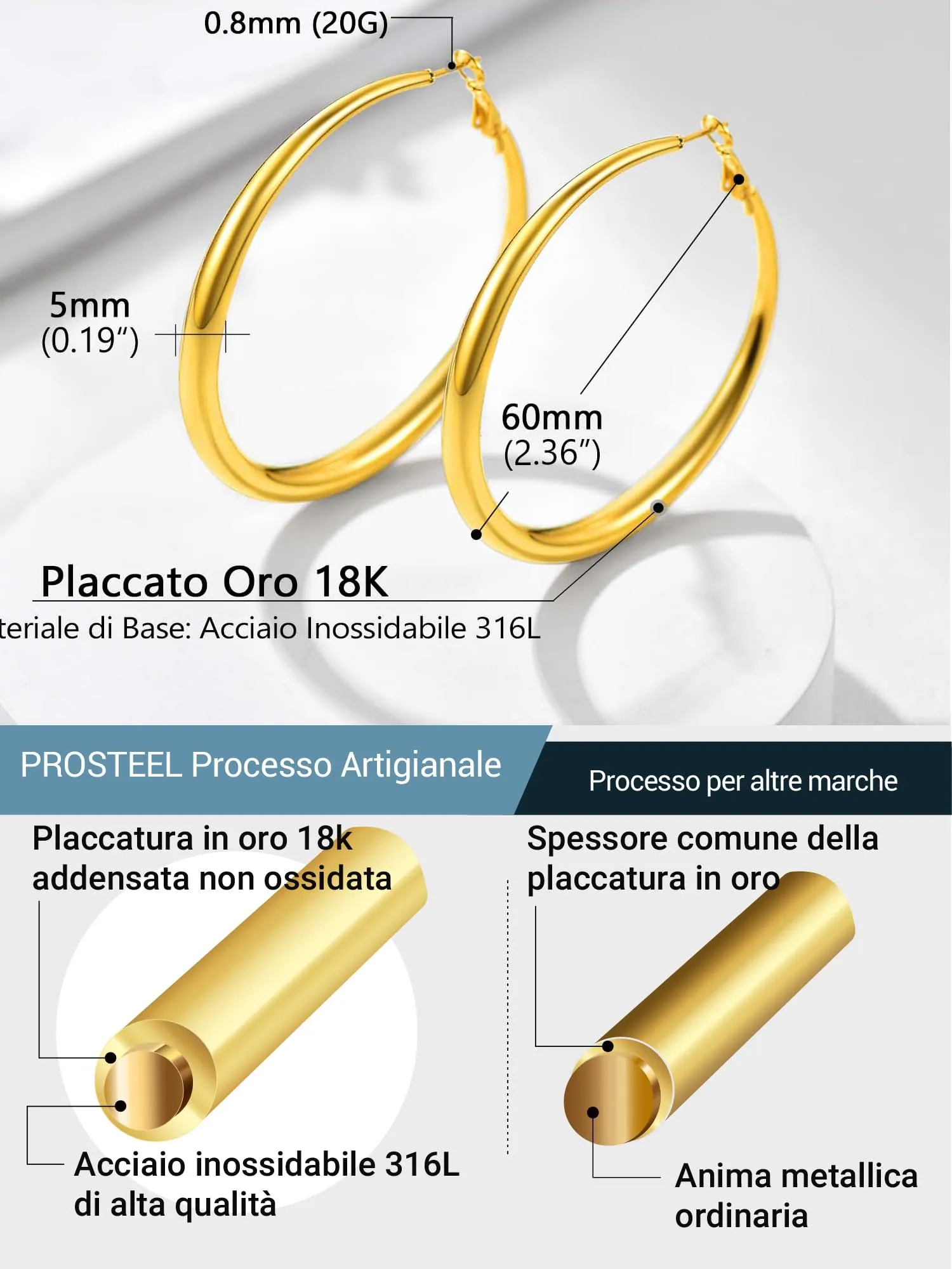 PROSTEEL Orecchini Cerchio Grandi In Oro Acciaio Inossidabile - Anelli da 60mm - immagine 3