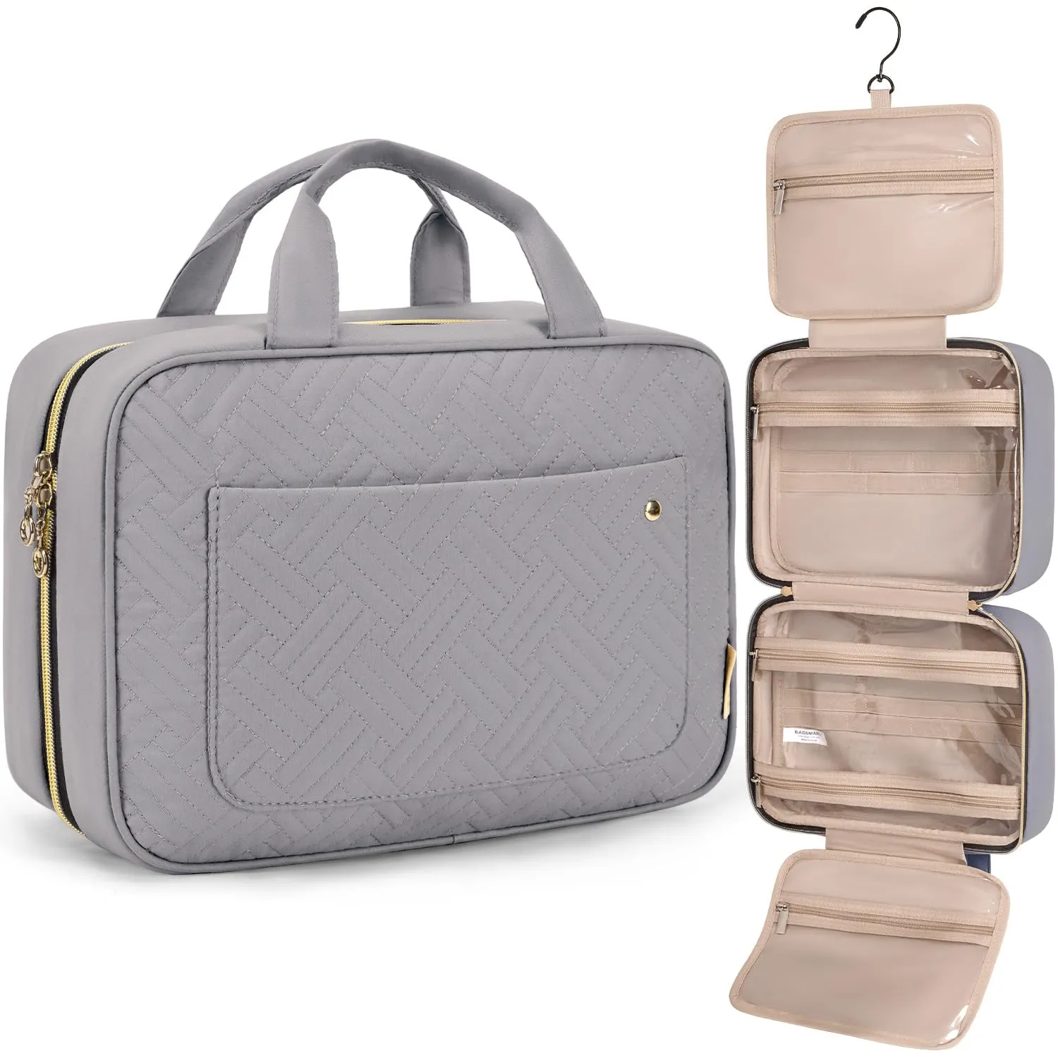 BAGSMART Beauty Case da Viaggio Borsa da Toilette per Donna Impermeabile Pochette per Trucchi Donna Appendere Grigio L - immagine 1