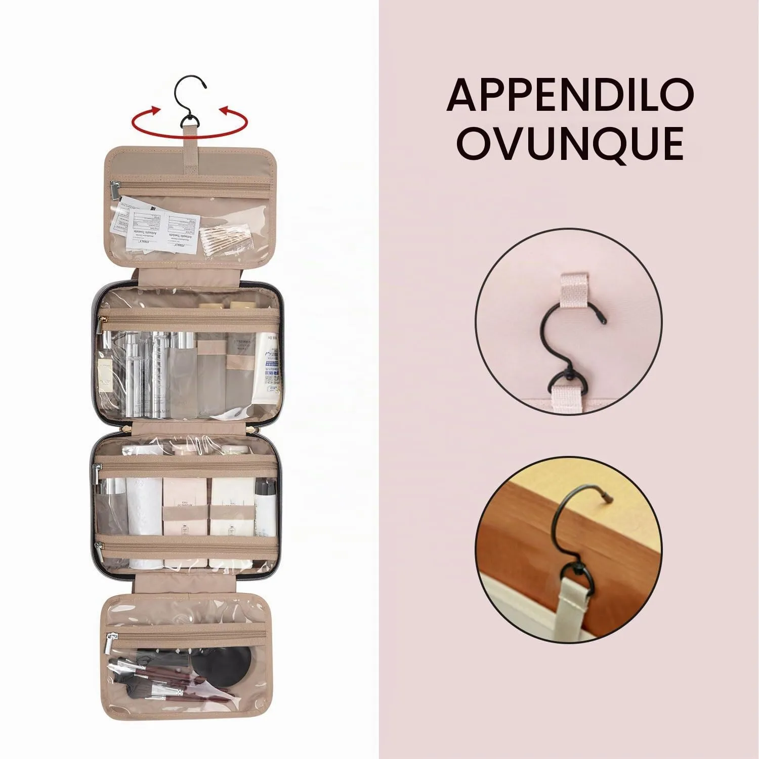 BAGSMART Beauty Case da Viaggio Borsa da Toilette per Donna Impermeabile Pochette per Trucchi Donna Appendere Grigio L - immagine 6