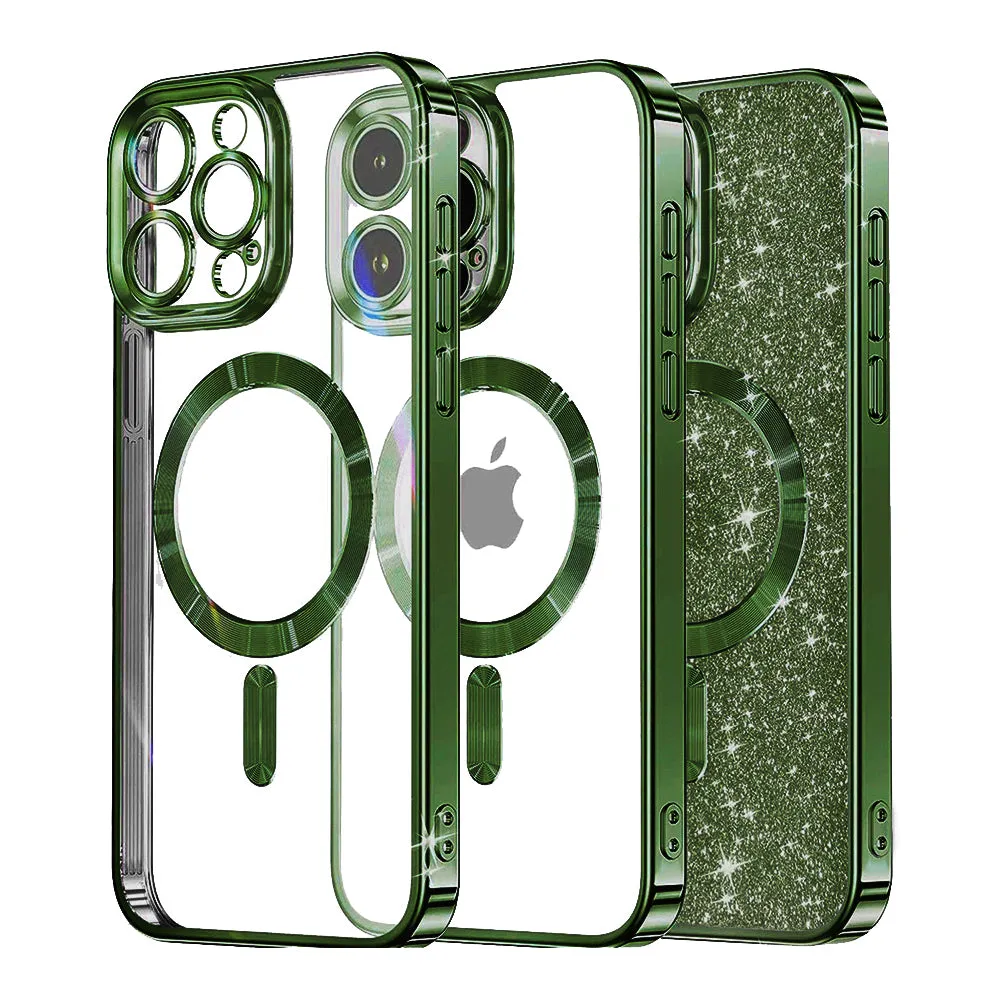 Custodia MagSafe per Apple iPhone 15 Pro, Techsuit, Luxury Glitter, Verde Scuro - immagine 1