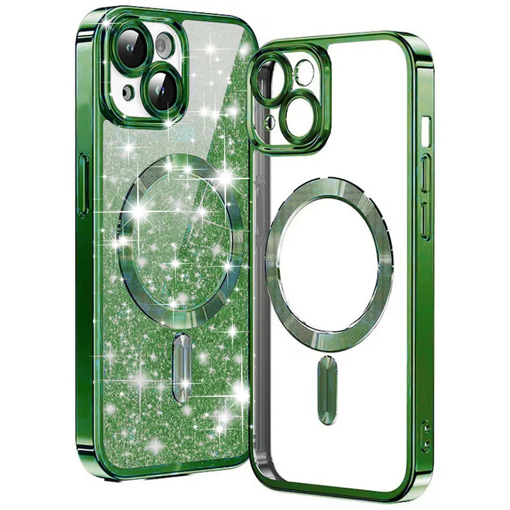 Custodia MagSafe per Apple iPhone 15 Plus, Techsuit, Luxury Glitter, Verde Scuro - immagine 1
