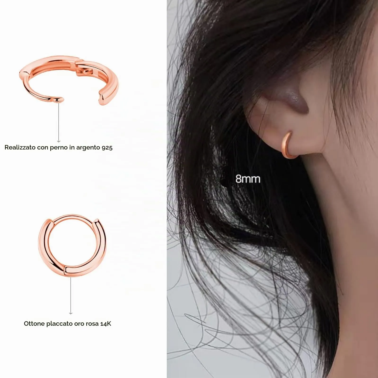 3 Paia Orecchini Cerchio Argento 925 per Donna, Set Piccoli Oro Rosa e Oro, per Uomo, Donne, Ragazze - Labbro, Trago, Cartilagine 8mm 10mm 12mm - immagine 3