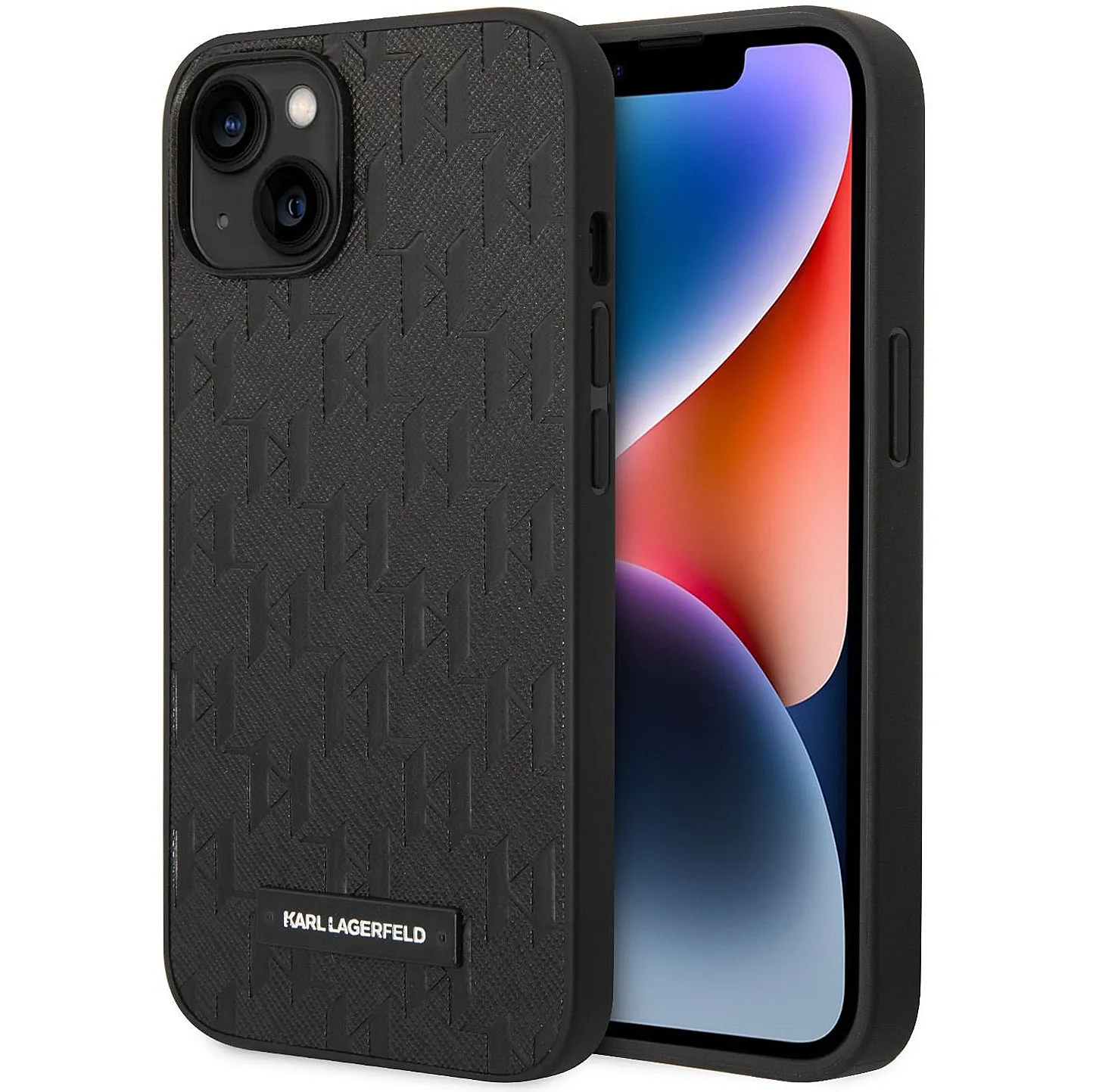 Custodia per Apple iPhone 14 Plus, Karl Lagerfeld, Saffiano Monogram Metal Logo, Nera - immagine 1