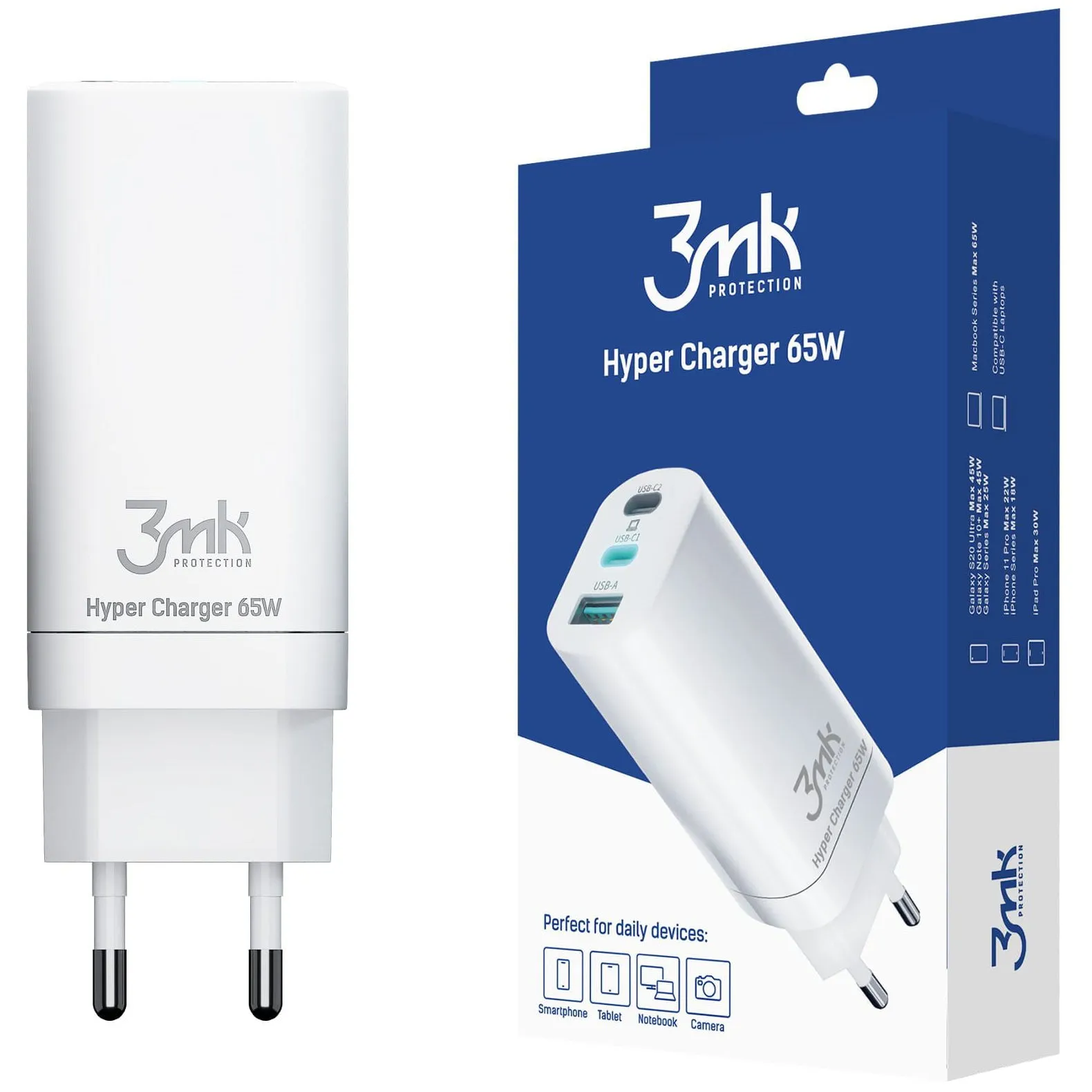 Caricatore da rete 3MK HyperCharger, 65W, 5A, 1 x USB-A - 2 x USB-C, Bianco - immagine 1