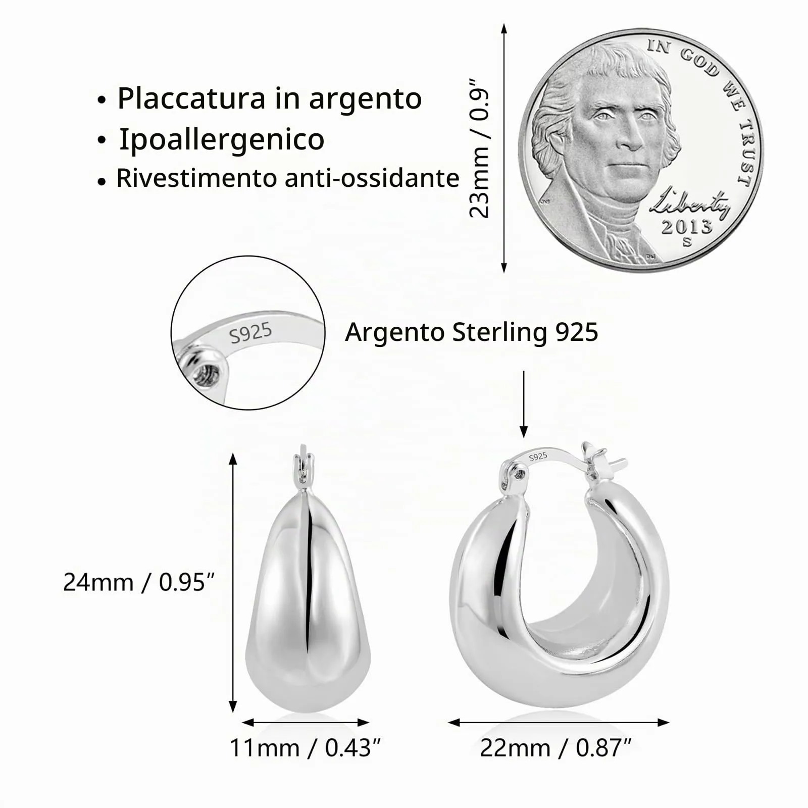 Orecchini Mezzaluna Spessi Argentati Léggeri Lucidi Design Glamour Donna - immagine 7