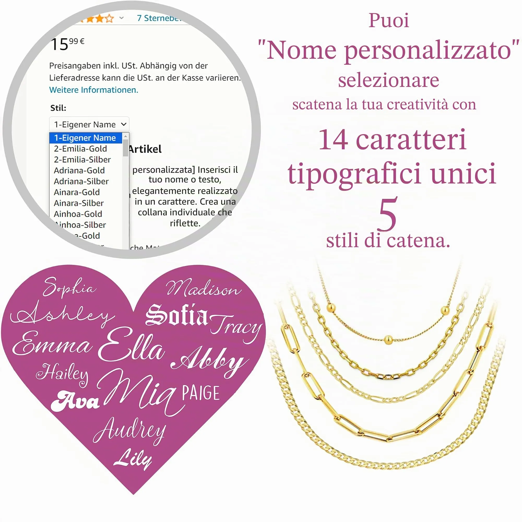 UMAGICBOX Collana con nome personalizzato | Scegli tra 14 stili di carattere | Acciaio inossidabile placcato in oro 18 carati e argento Sterling | Regalo per lei, Acciaio inossidabile, Nessuna pietra - immagine 2