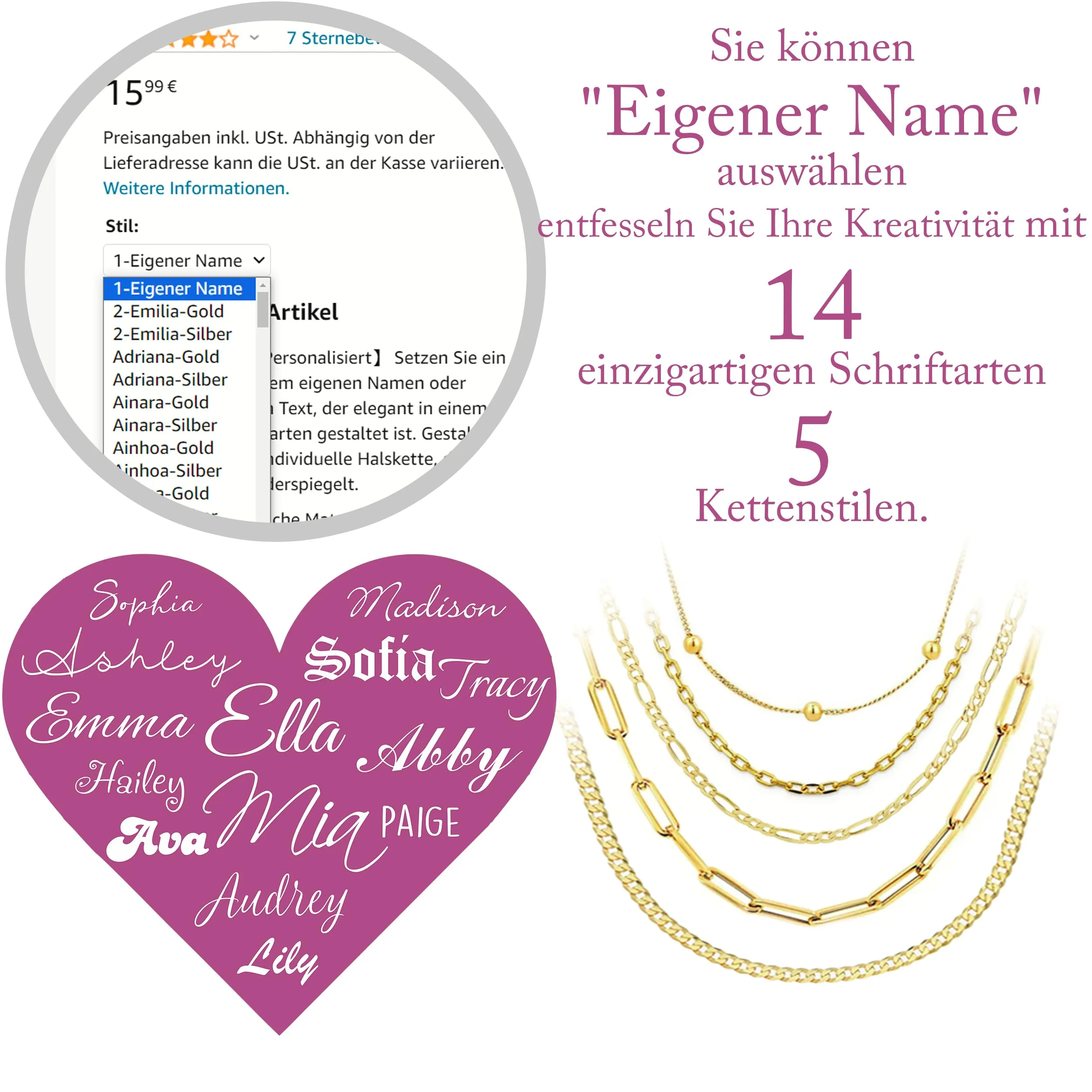 UMAGICBOX Collana con nome personalizzato | Scegli tra 14 stili di carattere | Acciaio inossidabile placcato in oro 18 carati e argento Sterling | Regalo per lei, Oro, Nessuna pietra preziosa - immagine 2