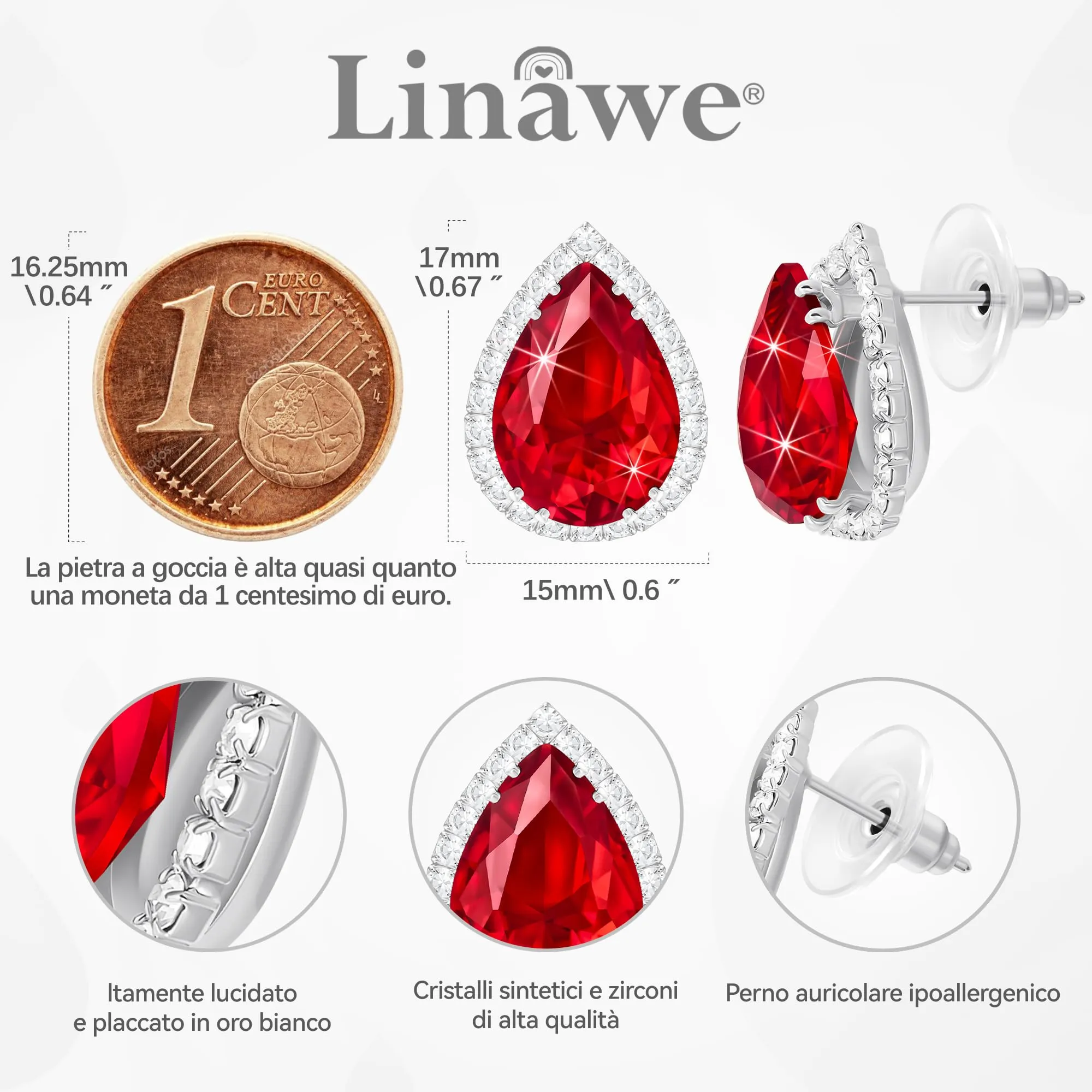 Linawe Orecchini rossi in argento, accessori per orecchini da donna, orecchini, gioielli, set di gioielli, gioielli alla moda ipoallergenici senza nichel, orecchini con diamanti - immagine 2
