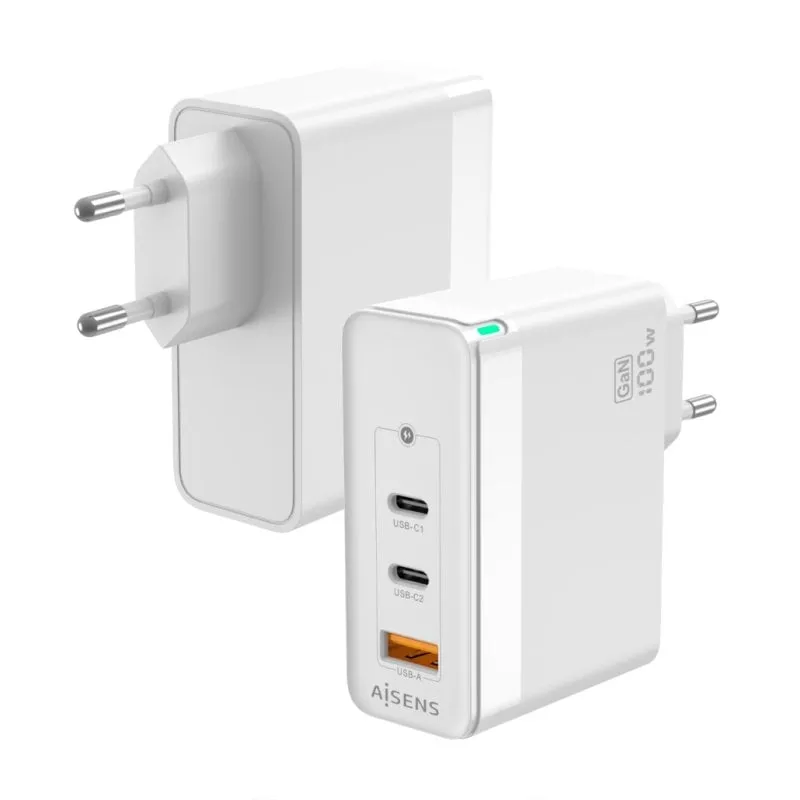 Aisens ASCH-100W3P008-W Caricatore da muro GaN 2x USB Type-C 1x USB 100W Bianco - immagine 1
