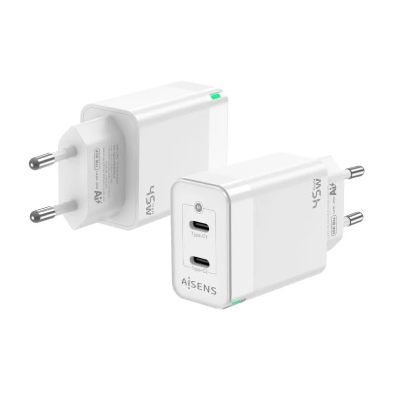 Aisens ASCH-45W2P005-W Caricatore da muro GaN 2xUSB Type-C 45W Bianco - immagine 1