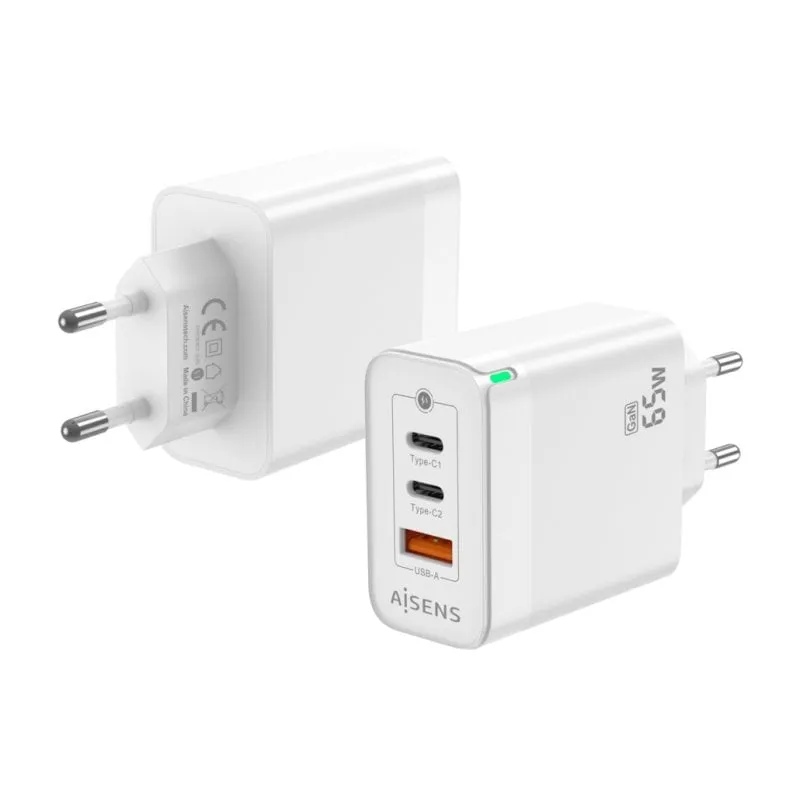 Aisens ASCH-65W3P007-W Caricatore da muro GaN 2x USB Type-C/ 1x USB 65W Bianco - immagine 1