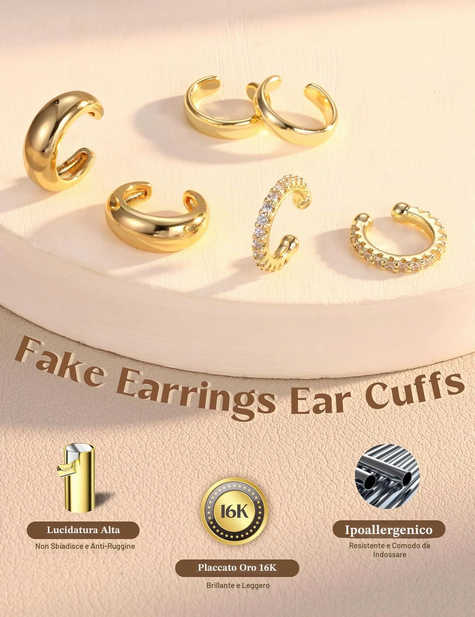 Adramata 3 Paia Ear Cuff Orecchini Donna Senza Buco Regolabili - immagine 2