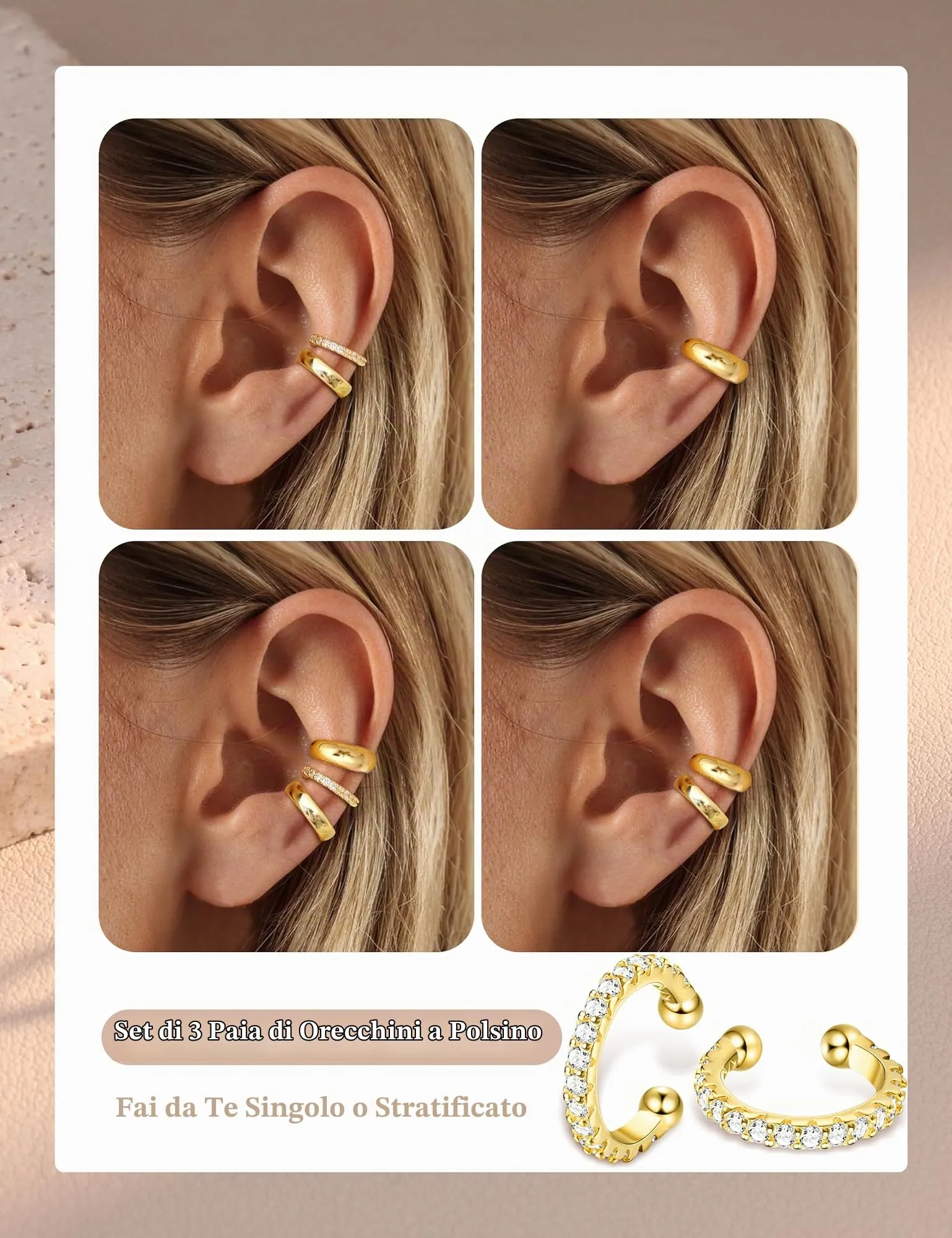 Adramata 3 Paia Ear Cuff Orecchini Donna Senza Buco Regolabili - immagine 3