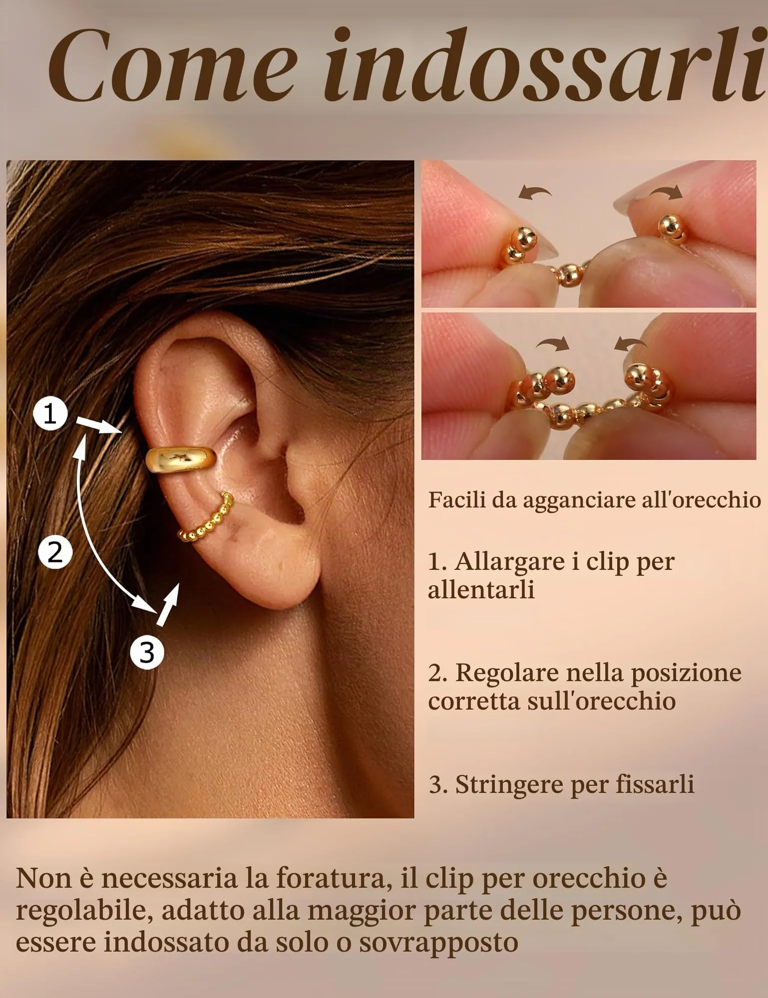 Adramata 3 Paia Ear Cuff Orecchini Donna Senza Buco Regolabili - immagine 6