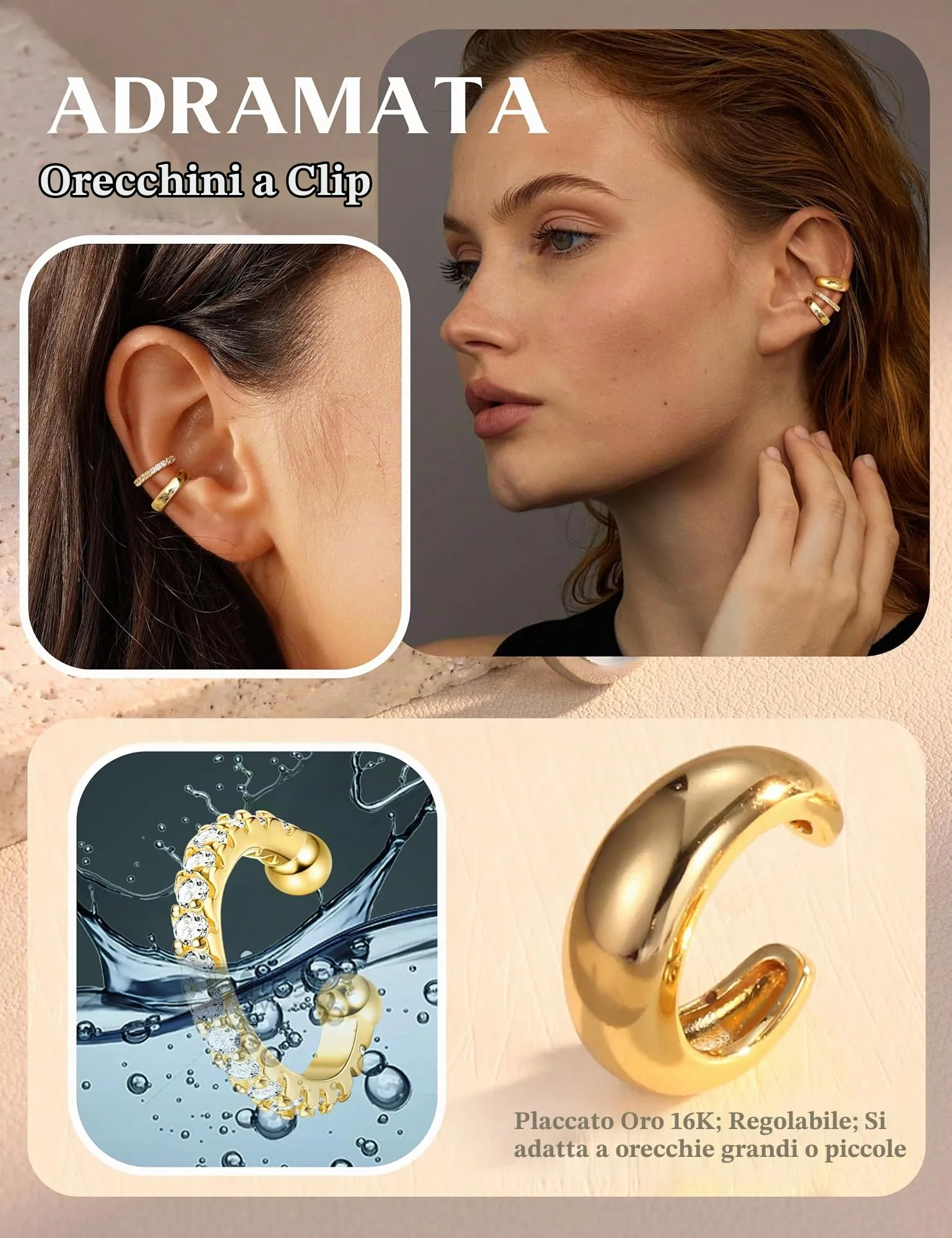 Adramata 3 Paia Ear Cuff Orecchini Donna Senza Buco Regolabili - immagine 7