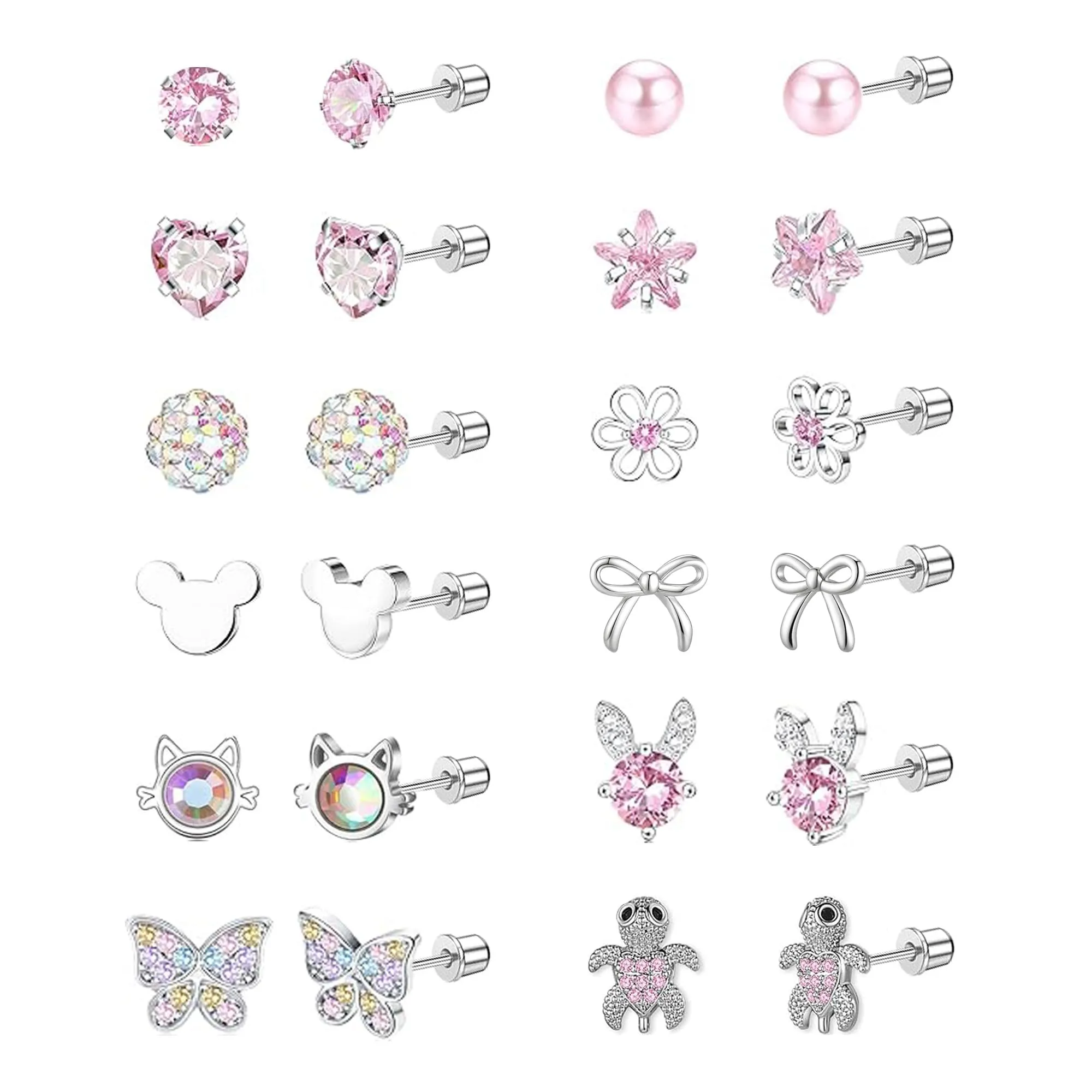 LOFITOR 12 Paia Orecchini a Vite Ipoallergenici, Acciaio Chirurgico 316L, Set CZ Stella Farfalla, Stud Base Piatta, Regalo Gioiello per Donne Ragazze Bambine Rosa - immagine 1