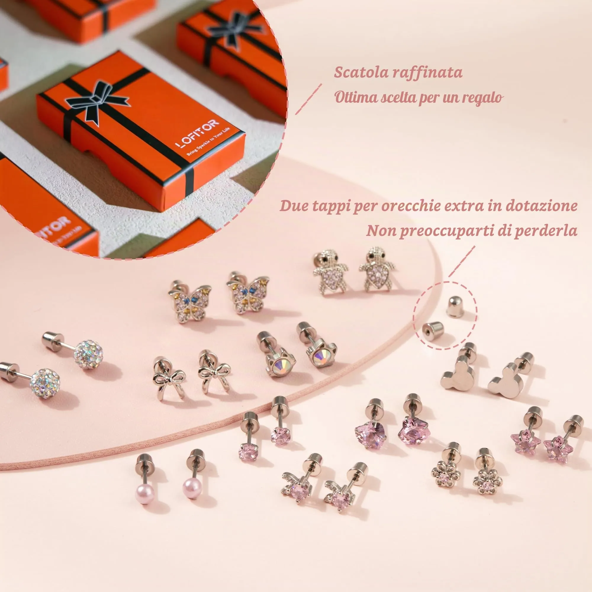 LOFITOR 12 Paia Orecchini a Vite Ipoallergenici, Acciaio Chirurgico 316L, Set CZ Stella Farfalla, Stud Base Piatta, Regalo Gioiello per Donne Ragazze Bambine Rosa - immagine 4