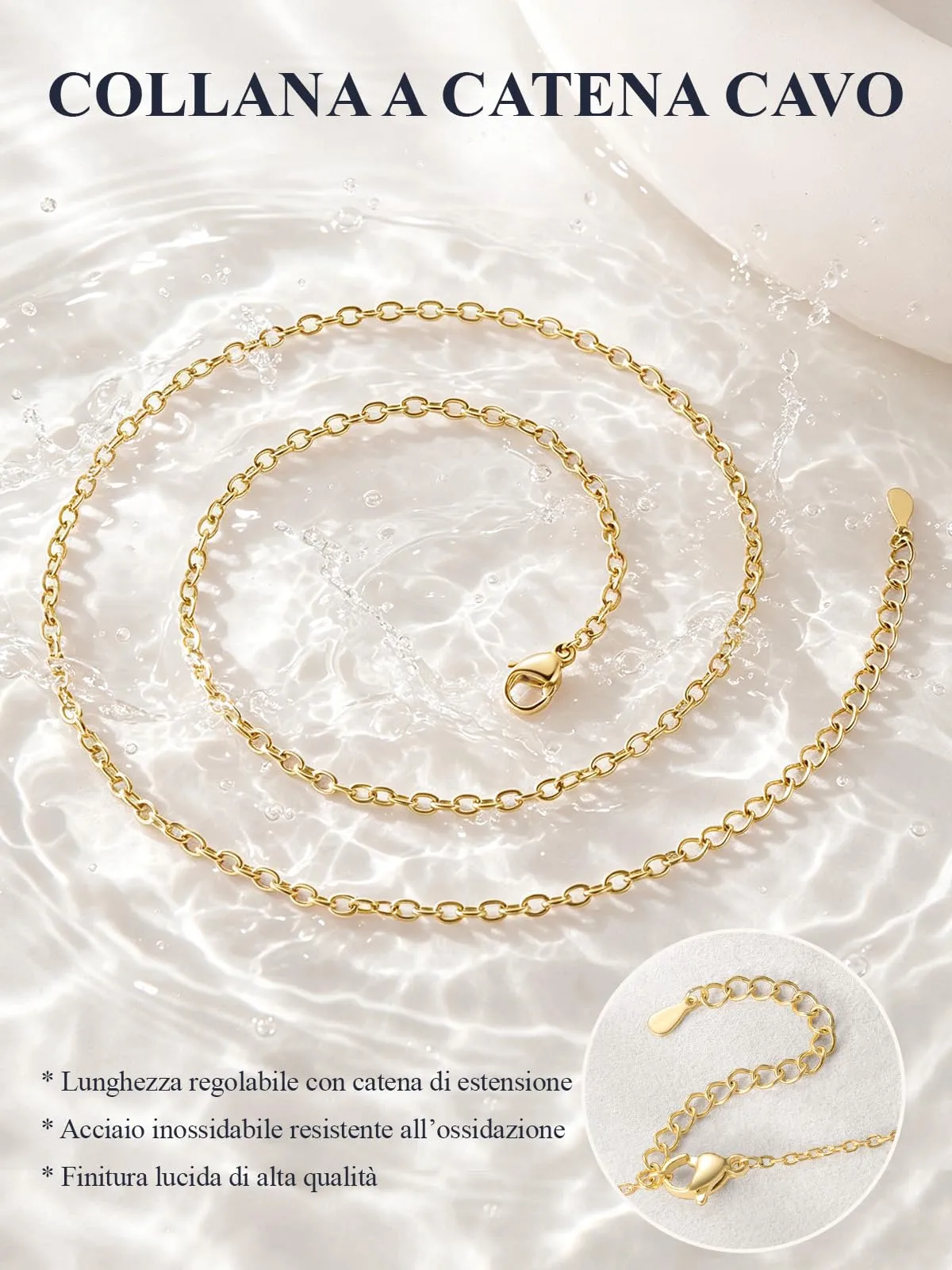 U7 Collana Catenina Donna Oro Acciaio Inossidabile Rolò Sottile 2,5mm 46cm - immagine 7