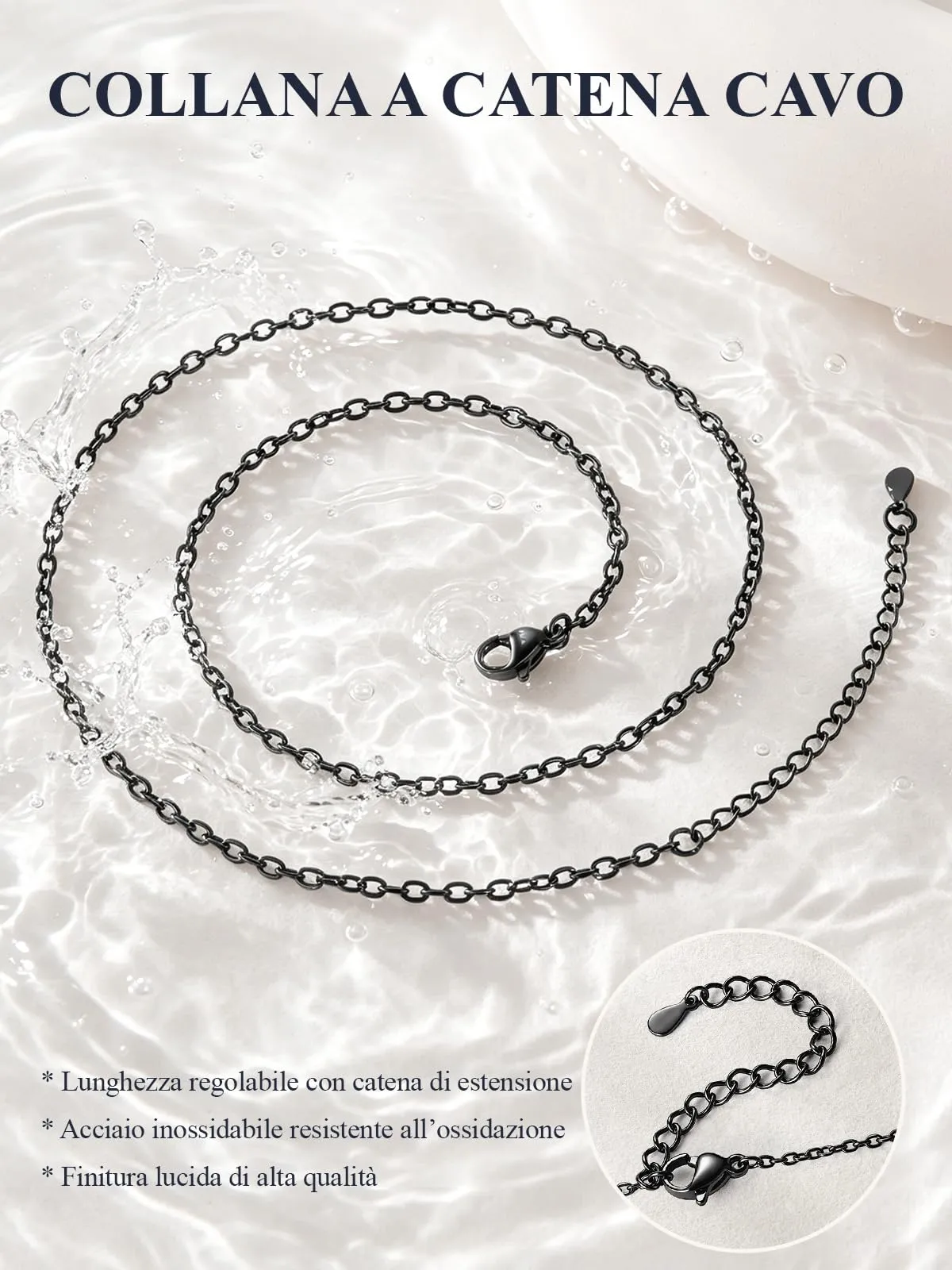 U7 Collana Catenina Donna Nera Acciaio Inossidabile Rolò Sottile 2,5mm 55cm - immagine 4