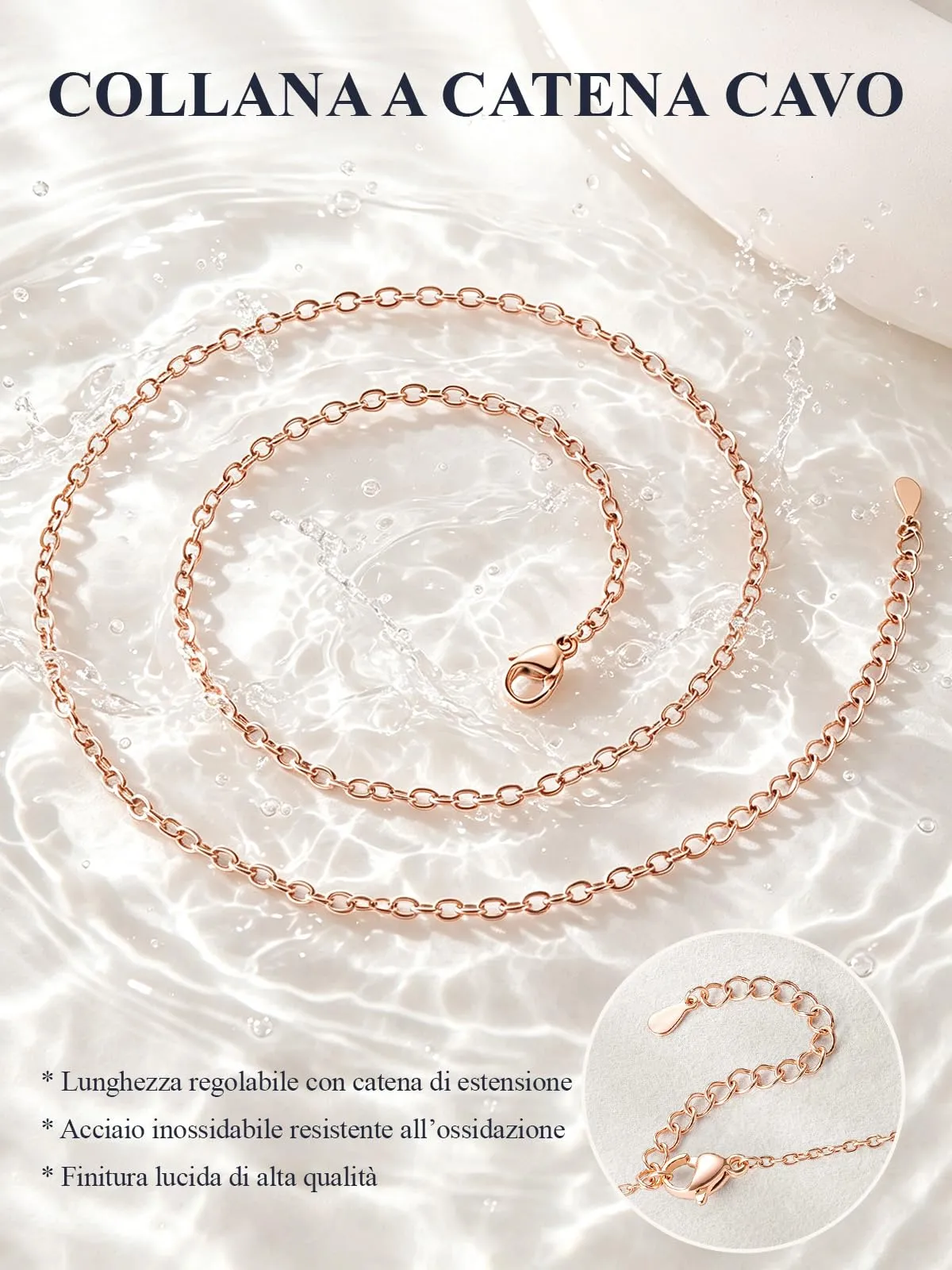 U7 Collana Catenina Donna Oro Rosa Acciaio Inossidabile Sottile 2,5mm 76cm - immagine 4