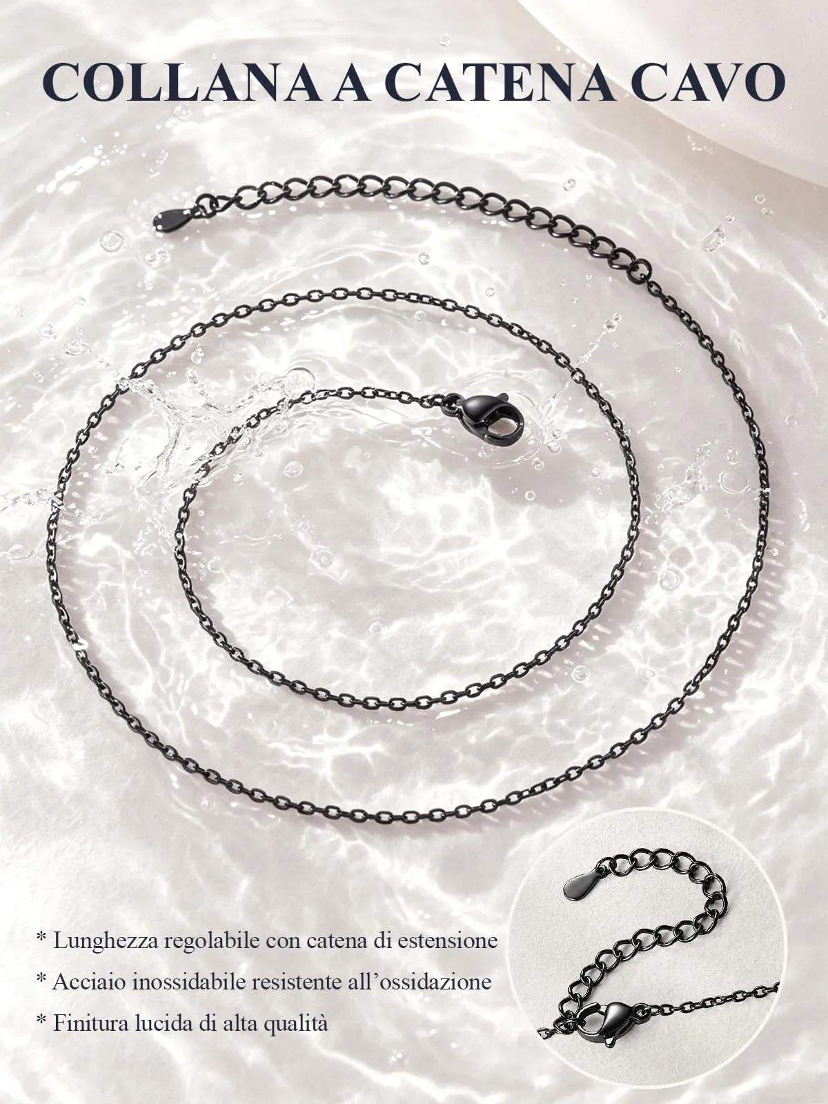 U7 Collana Donna Nera Catenina Acciaio Inossidabile Sottile 1,4mm 55+5cm - immagine 7
