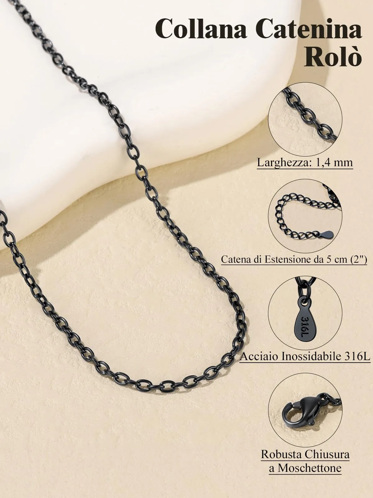 U7 Collana Catenina Donna Nera Acciaio Inossidabile Rolò Sottile 2,5mm 51cm - immagine 3