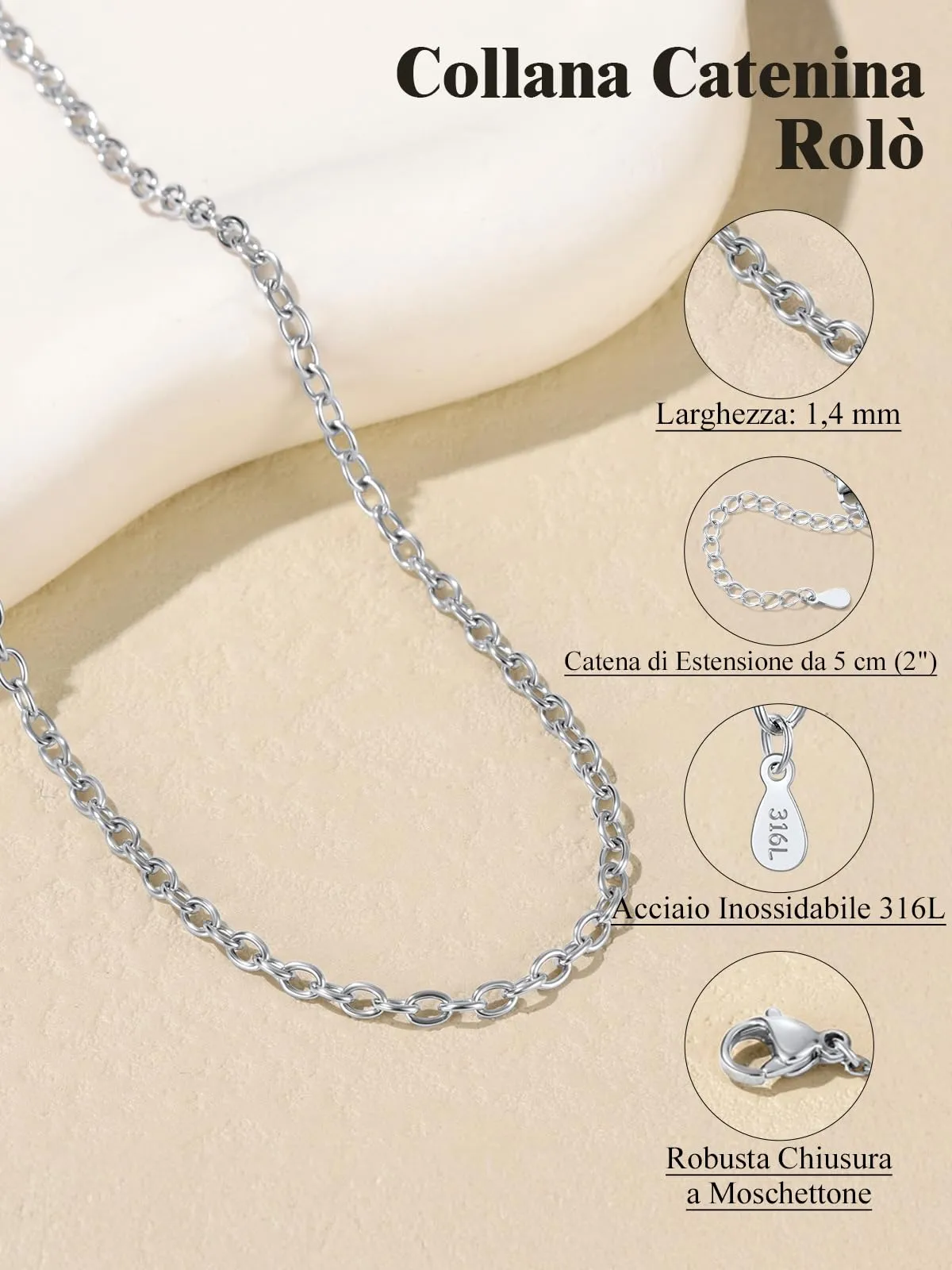 U7 Collana Catenina Donna Acciaio Inossidabile Rolò Sottile 2,5mm 66cm - immagine 3