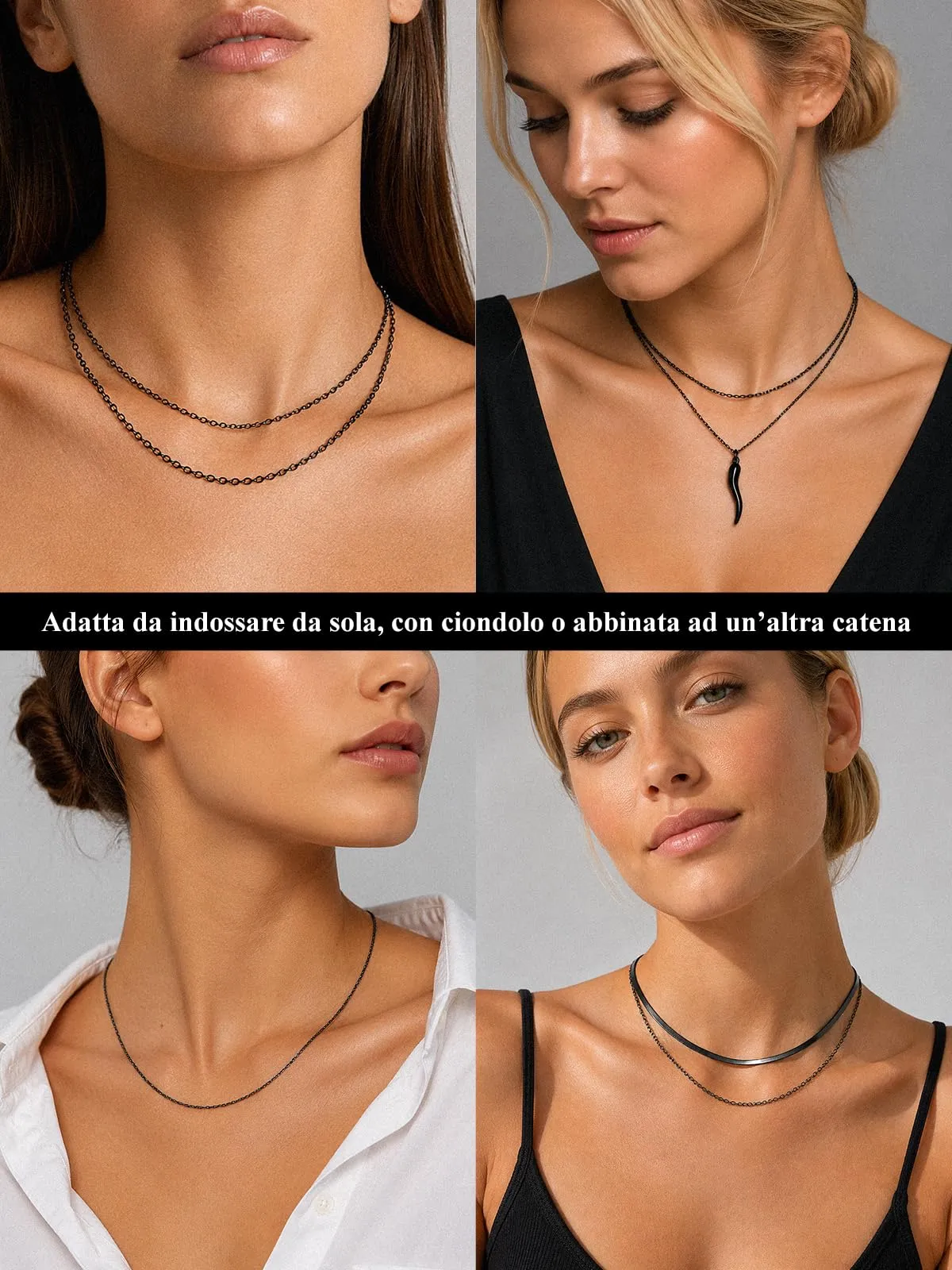 U7 Collana Donna Nera Catenina Acciaio Inossidabile Sottile 1,4mm 51+5cm - immagine 3