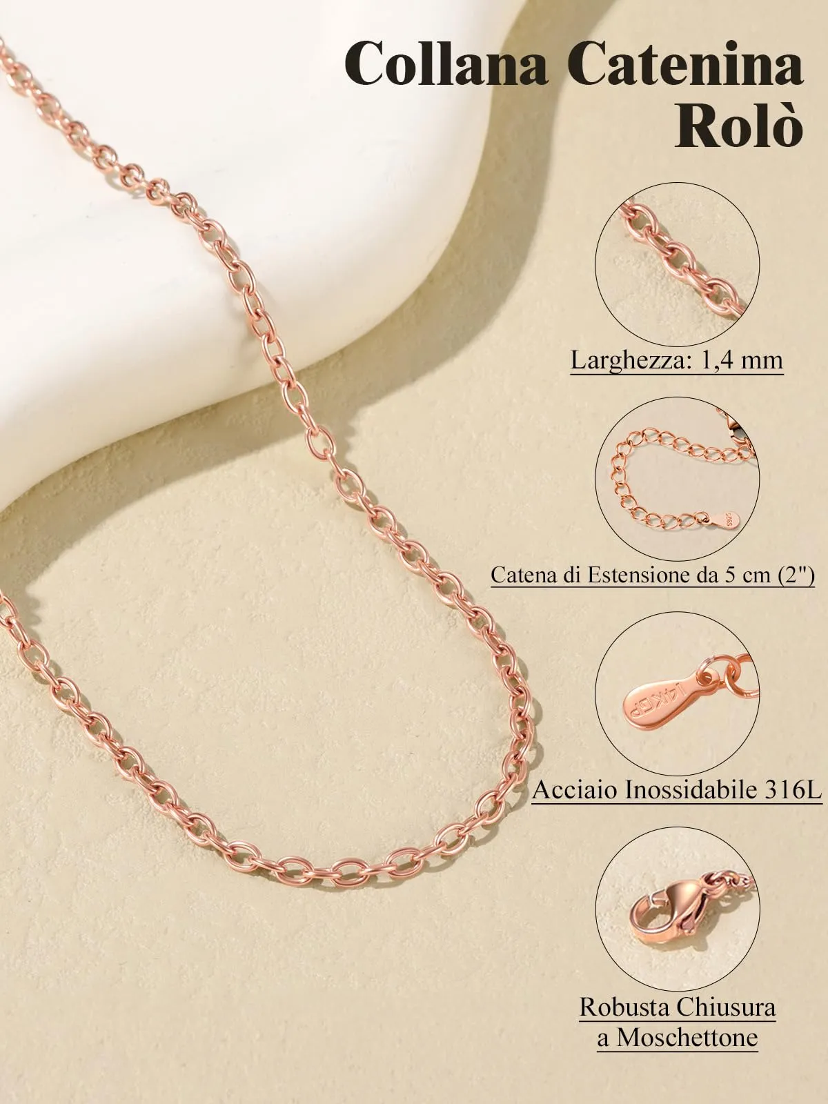 U7 Collana Catenina Donna Oro Rosa Acciaio Inossidabile Sottile 2,5mm 41cm - immagine 3