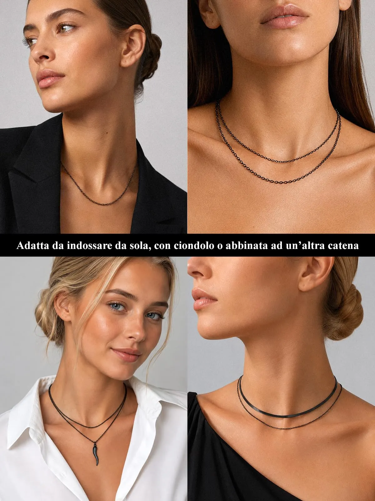 U7 Collana Catenina Donna Nera Acciaio Inossidabile Rolò Sottile 2,5mm 35cm - immagine 7