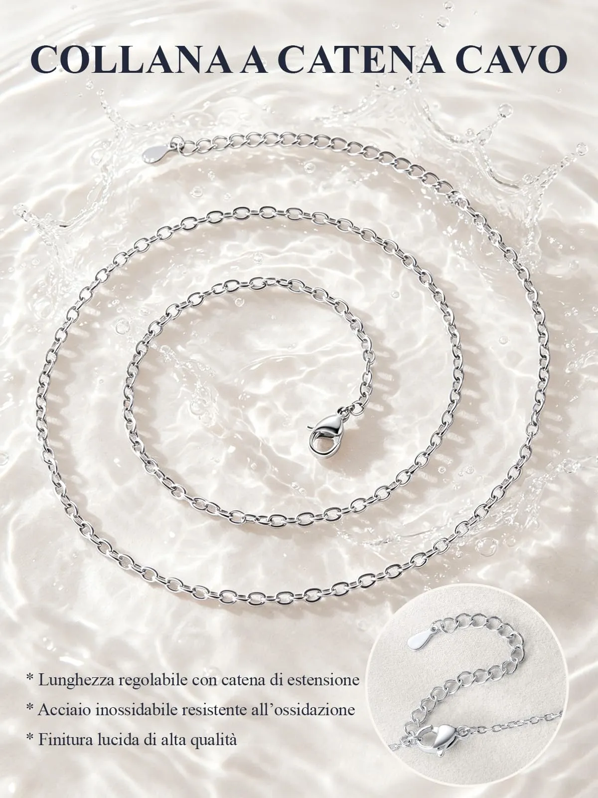U7 Collana Catenina Donna Acciaio Inossidabile Rolò Sottile 2,5mm 41cm - immagine 4
