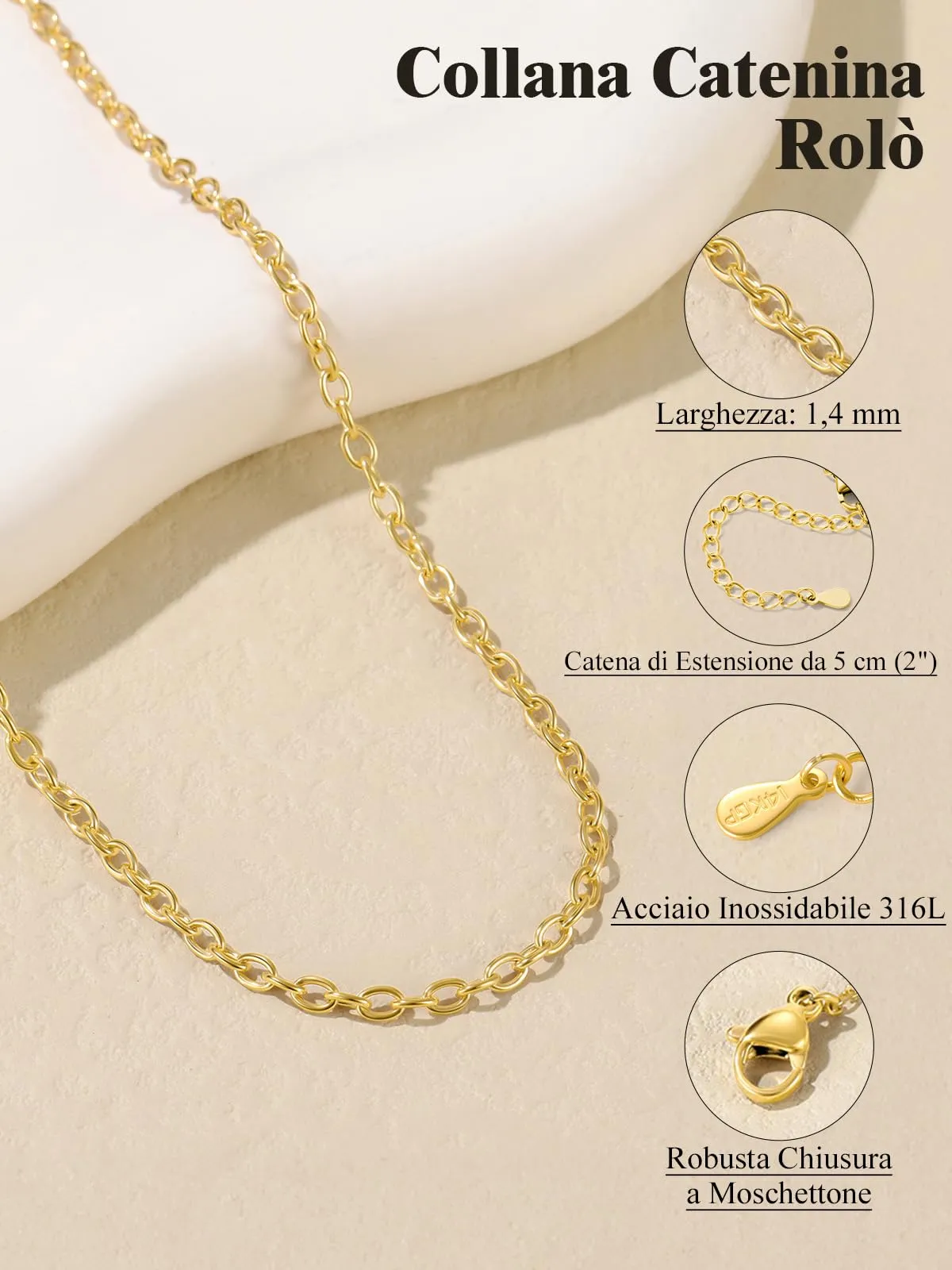 U7 Collana Catenina Donna Oro Acciaio Inossidabile Rolò Sottile 2,5mm 55cm - immagine 4