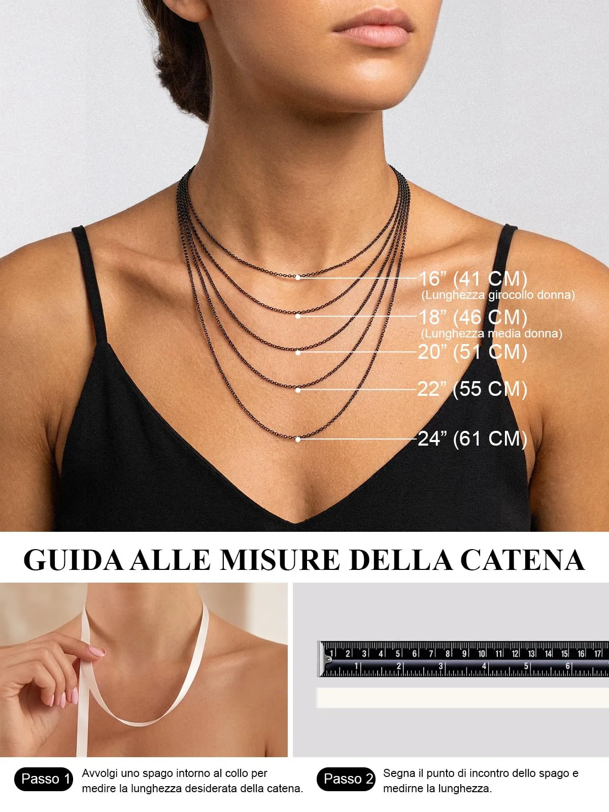 U7 Collana Donna Nera Catenina Acciaio Inossidabile Sottile 1,4mm 46+5cm - immagine 5
