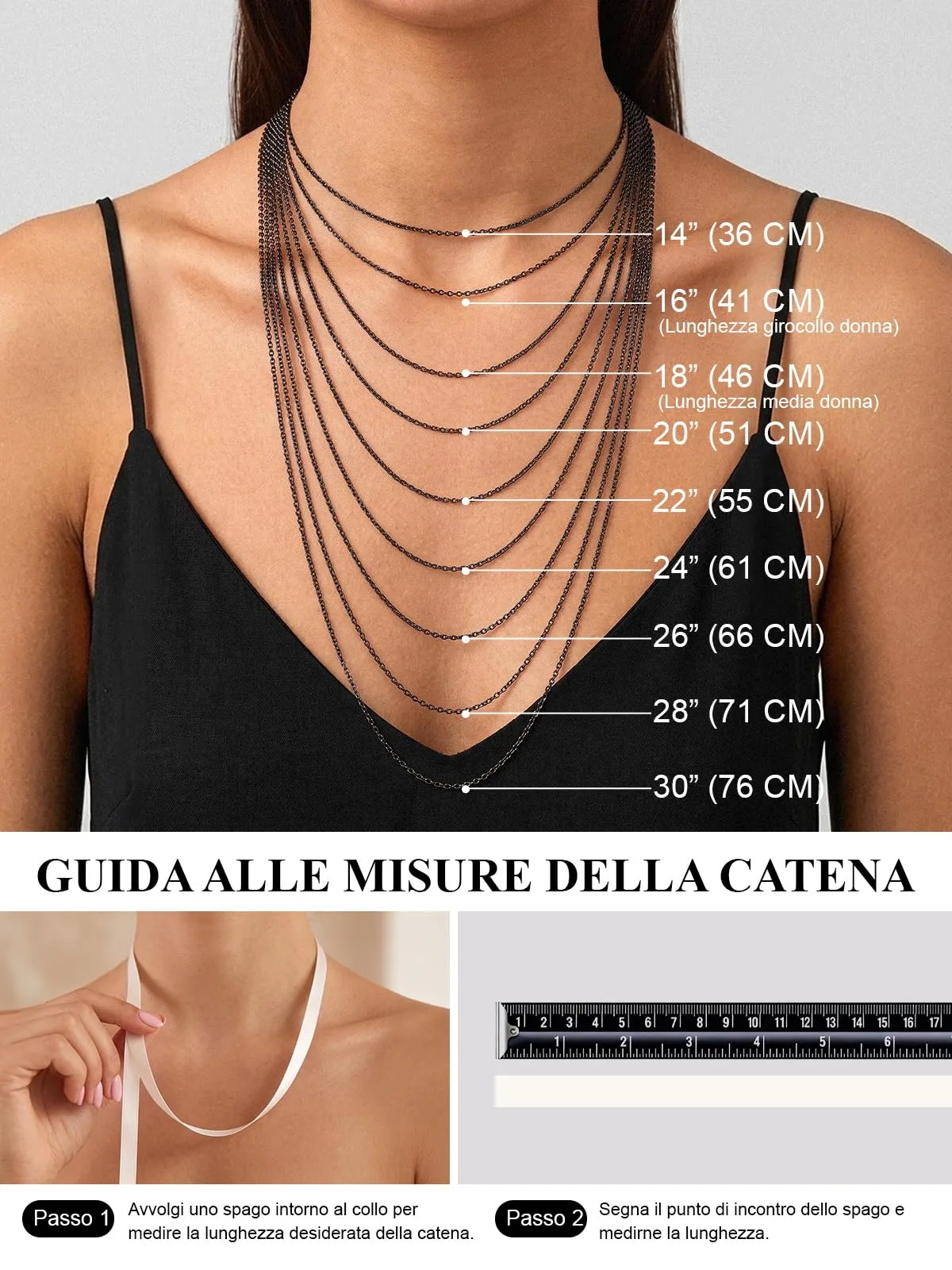 U7 Collana Catenina Donna Nera Acciaio Inossidabile Rolò Sottile 2,5mm 46cm - immagine 5