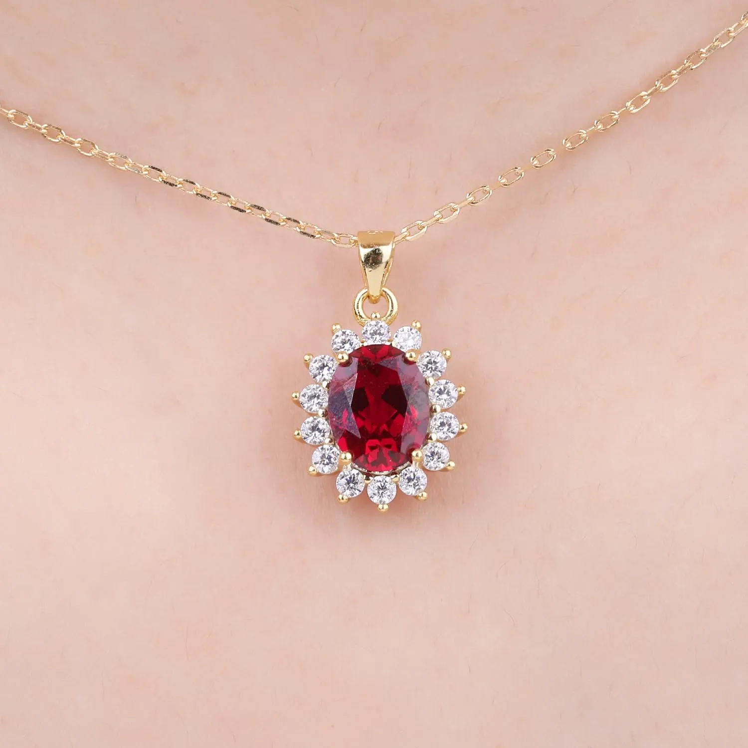 JewelryPalace 3.2ct Collana Donna Kate Middleton placcato oro giallo 14K Creato Rubino Rosso, Princess Diana William Collana Ciondolo Pietra Ovale Catena 45cm, Collane Pendenti Oro Set Gioielli Donna - immagine 4