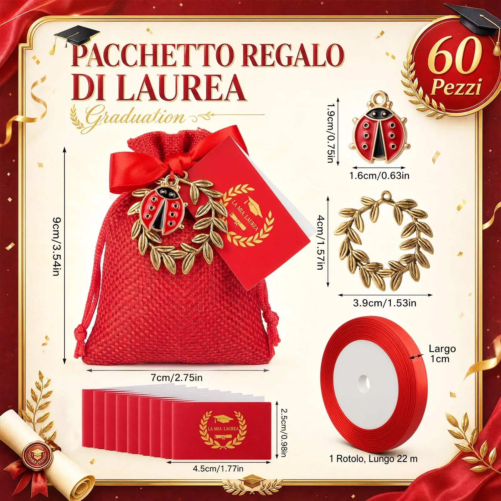 BBTO 60 Sets Bomboniere Laurea Sacchetti Juta Ciondoli, Corona d'Alloro - immagine 2