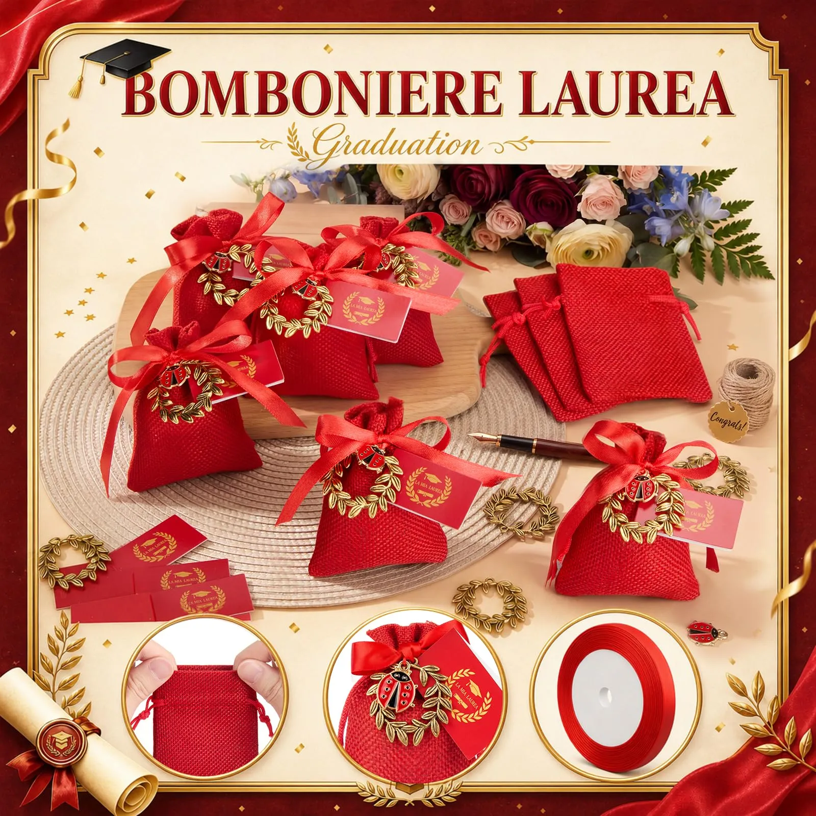 BBTO 60 Sets Bomboniere Laurea Sacchetti Juta Ciondoli, Corona d'Alloro - immagine 3