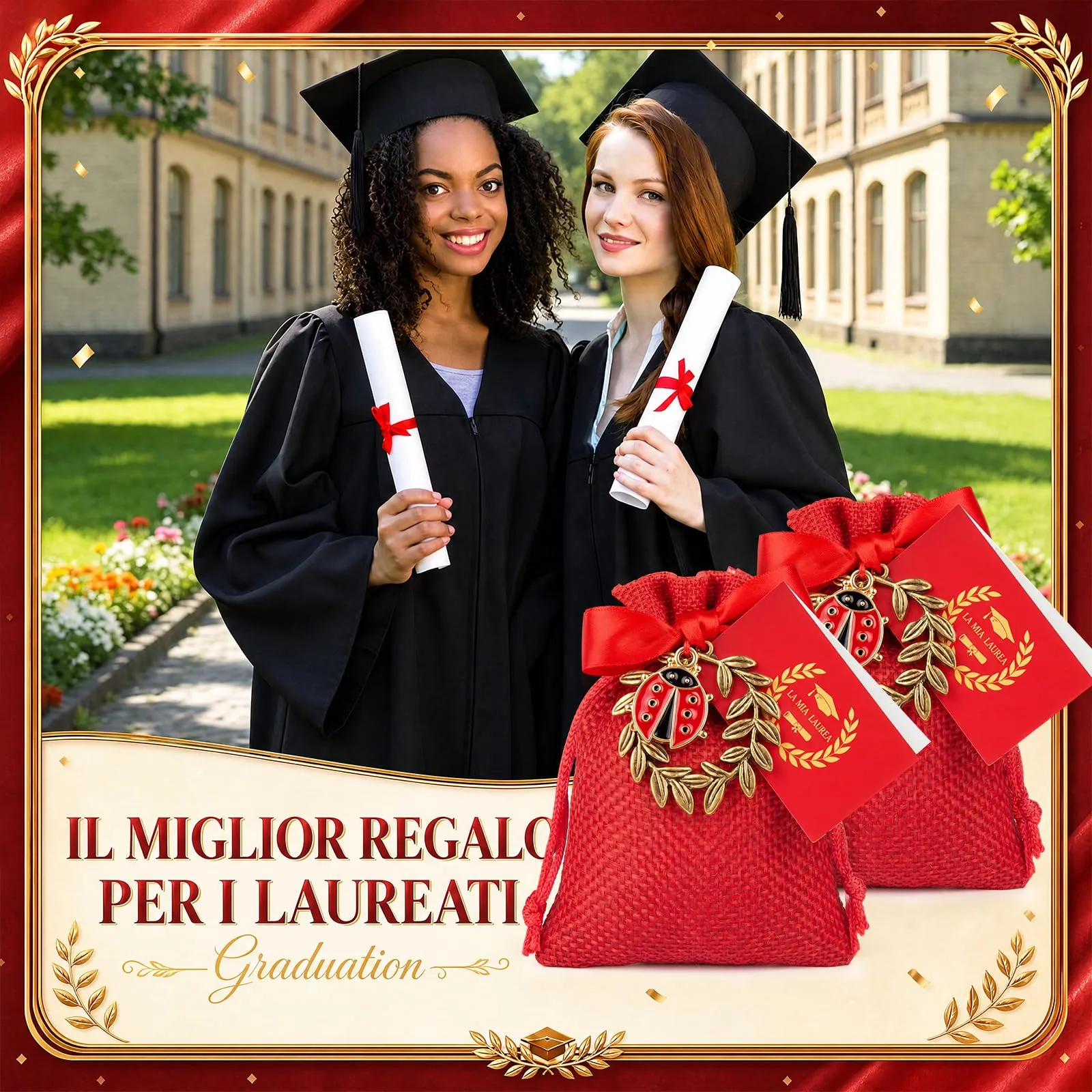 BBTO 60 Sets Bomboniere Laurea Sacchetti Juta Ciondoli, Corona d'Alloro - immagine 4