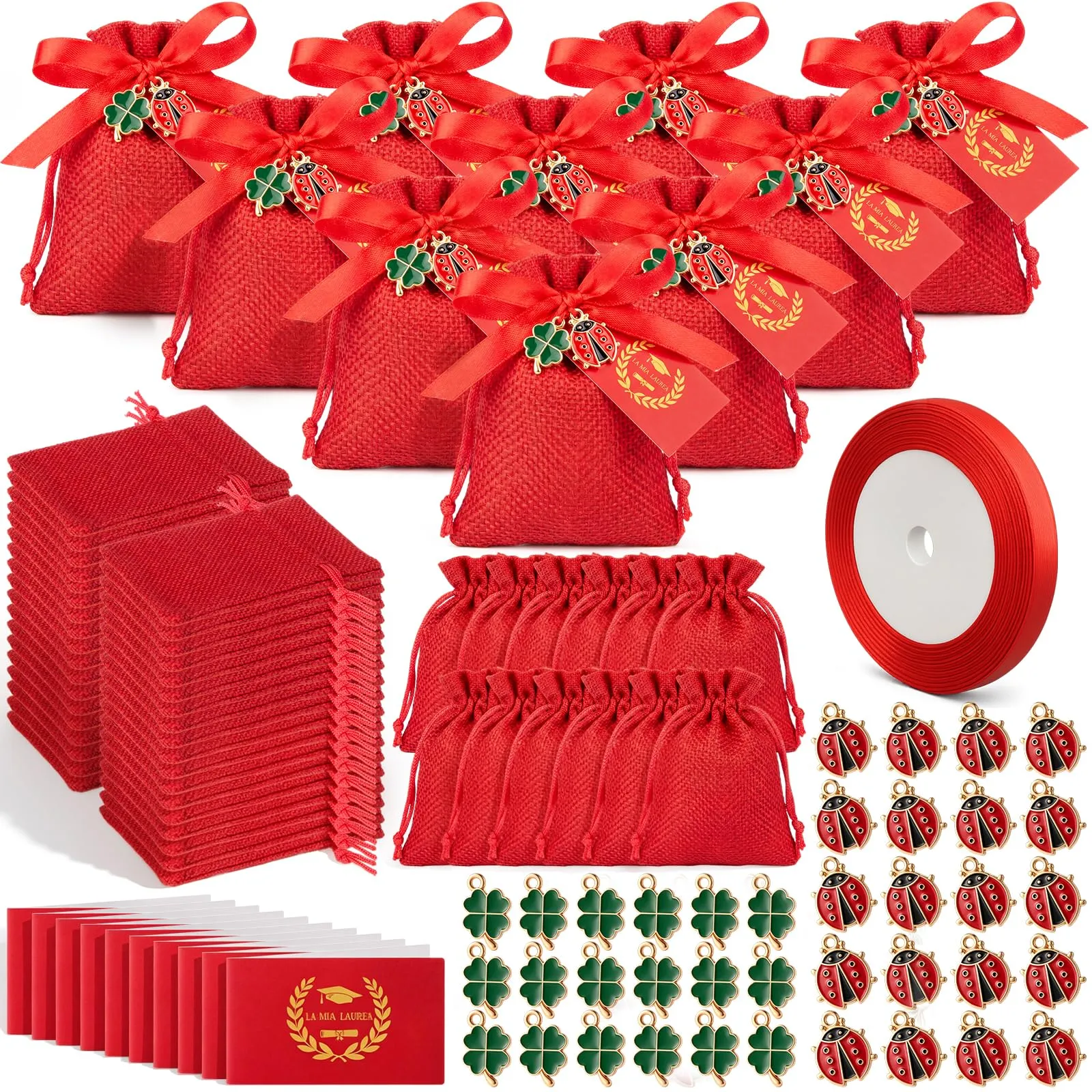 BBTO 60 Sets Bomboniere Laurea Sacchetti Ciondoli Coccinella, Quadrifoglio - immagine 1