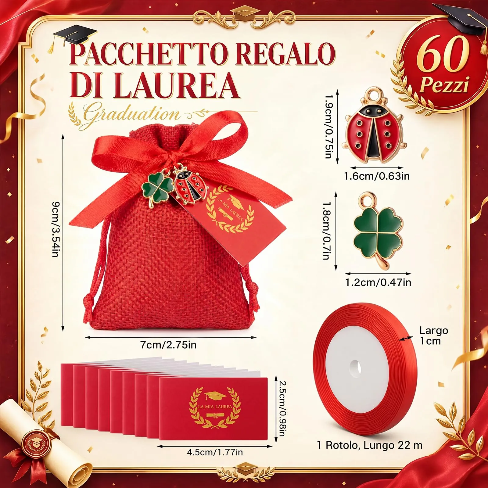 BBTO 60 Sets Bomboniere Laurea Sacchetti Ciondoli Coccinella, Quadrifoglio - immagine 2