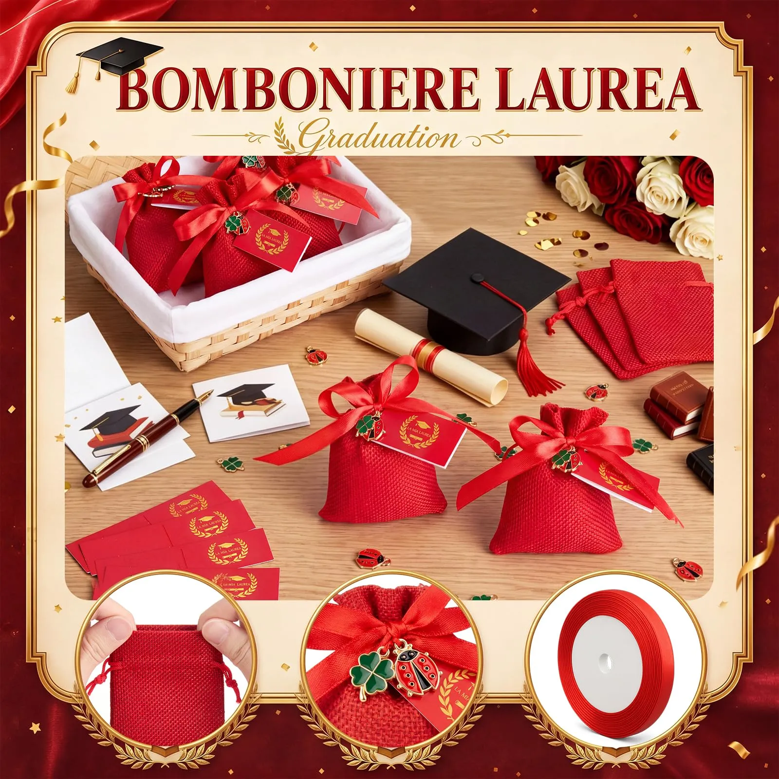 BBTO 60 Sets Bomboniere Laurea Sacchetti Ciondoli Coccinella, Quadrifoglio - immagine 3