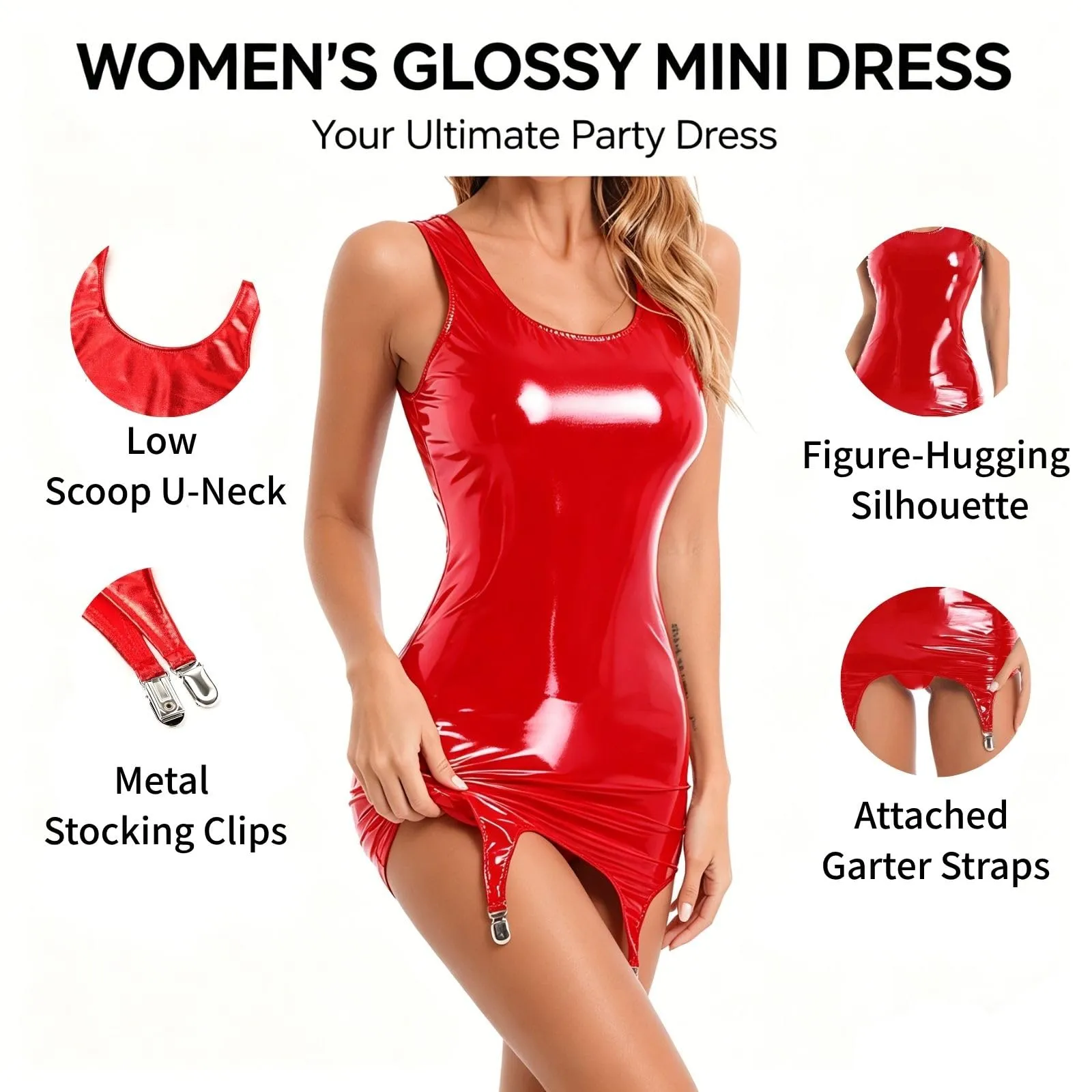 GIVTULIP Vestito Mini Sexy in Finta Pelle Lucida da Donna, Body Smanicato Aderente con Ganci Portareggia, Intimo Erotico Esotico, Abito Corto in Similpelle per Feste Club, Appuntamenti e Cosplay - immagine 4