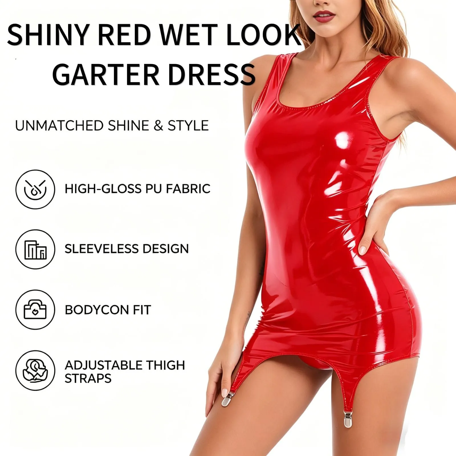 GIVTULIP Vestito Mini Sexy in Finta Pelle Lucida da Donna, Body Smanicato Aderente con Ganci Portareggia, Intimo Erotico Esotico, Abito Corto in Similpelle per Feste Club, Appuntamenti e Cosplay - immagine 5