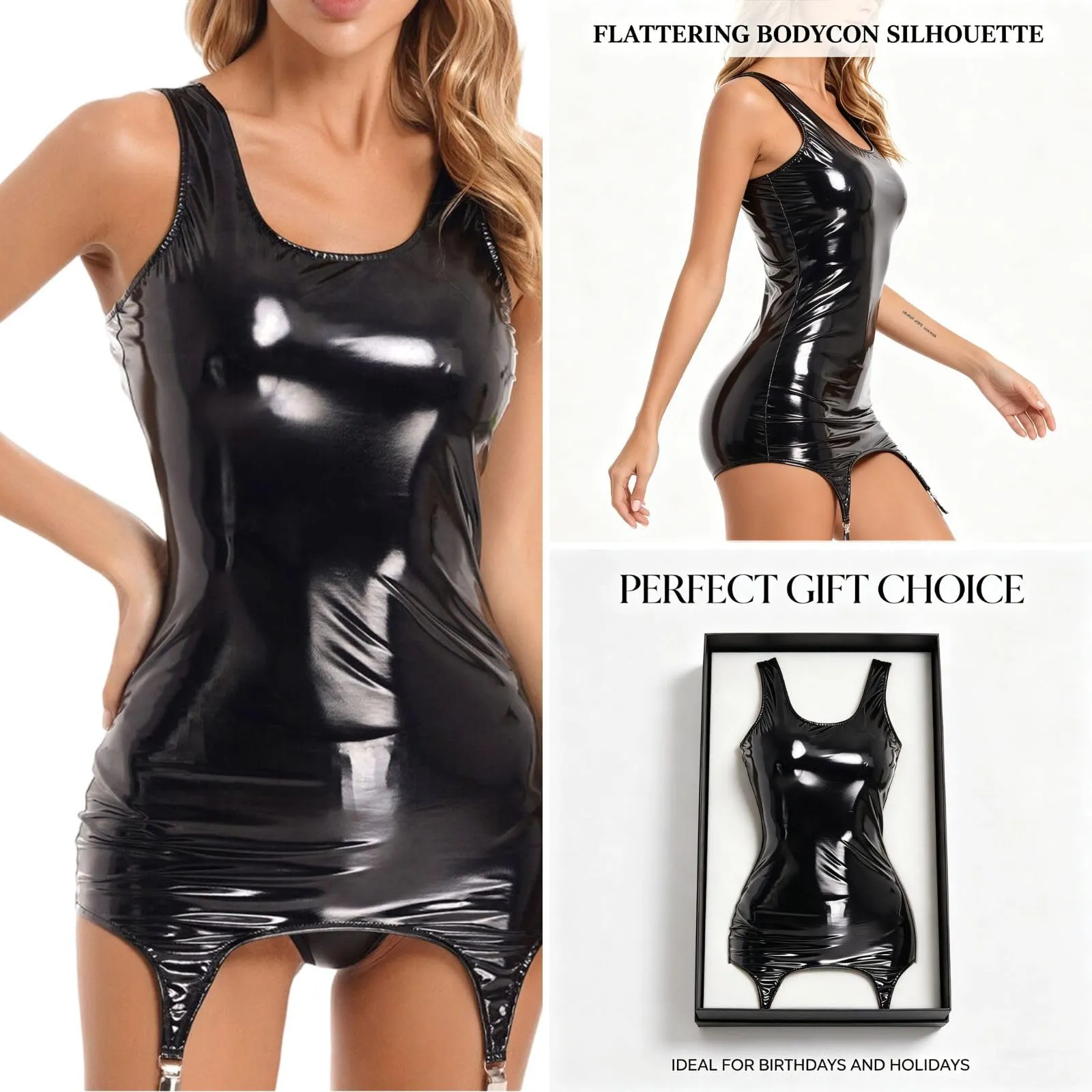 GIVTULIP Vestito Mini Sexy in Finta Pelle Lucida da Donna, Body Smanicato Aderente con Ganci Portareggia, Intimo Erotico Esotico, Abito Corto in Similpelle per Feste Club, Appuntamenti e Cosplay - immagine 7