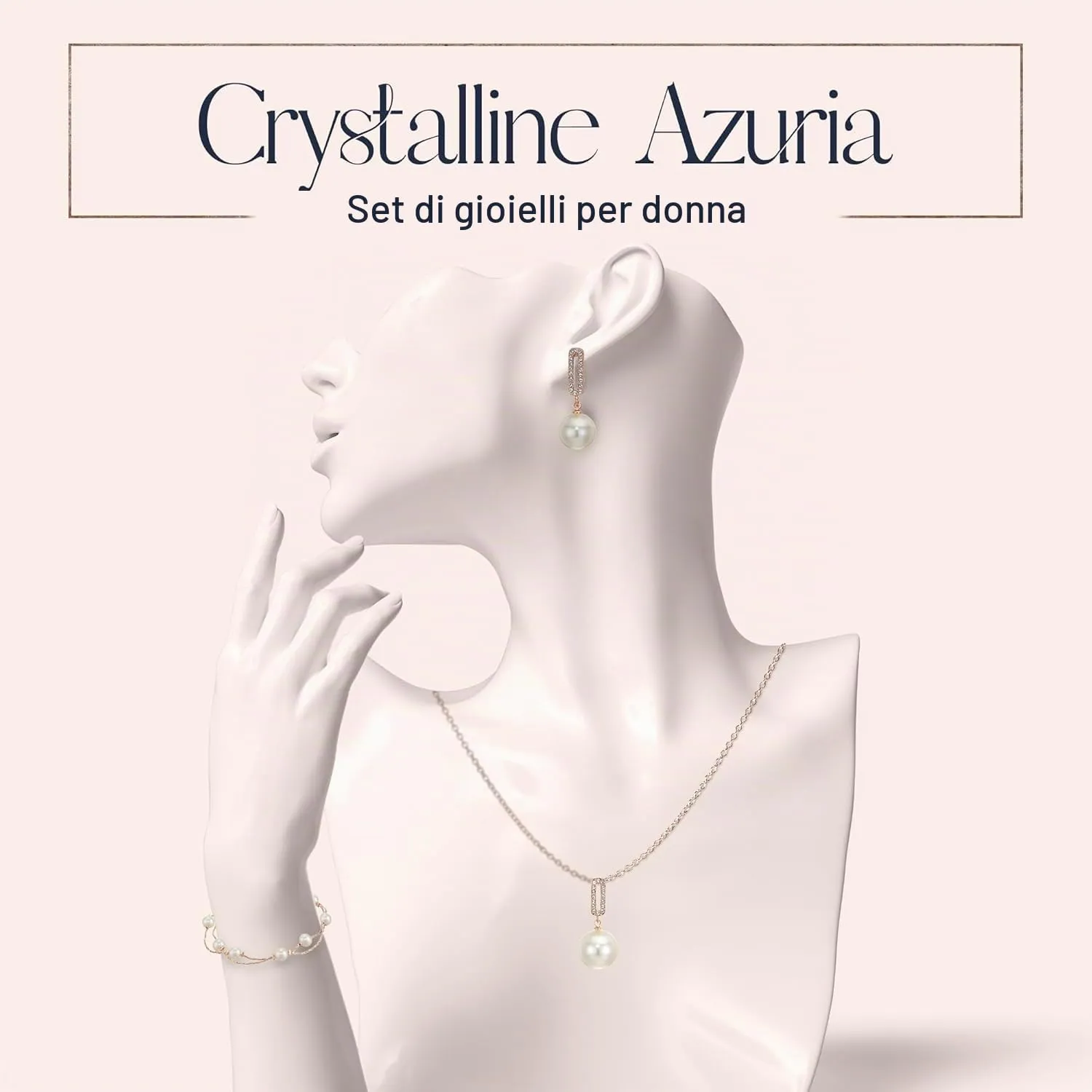Crystalline Azuria Donna 18ct Placcato Oro Rosa Perla simulata Bianca Parure Collana con Ciondolo 45 cm Orecchini Pendenti Bracciale - immagine 2