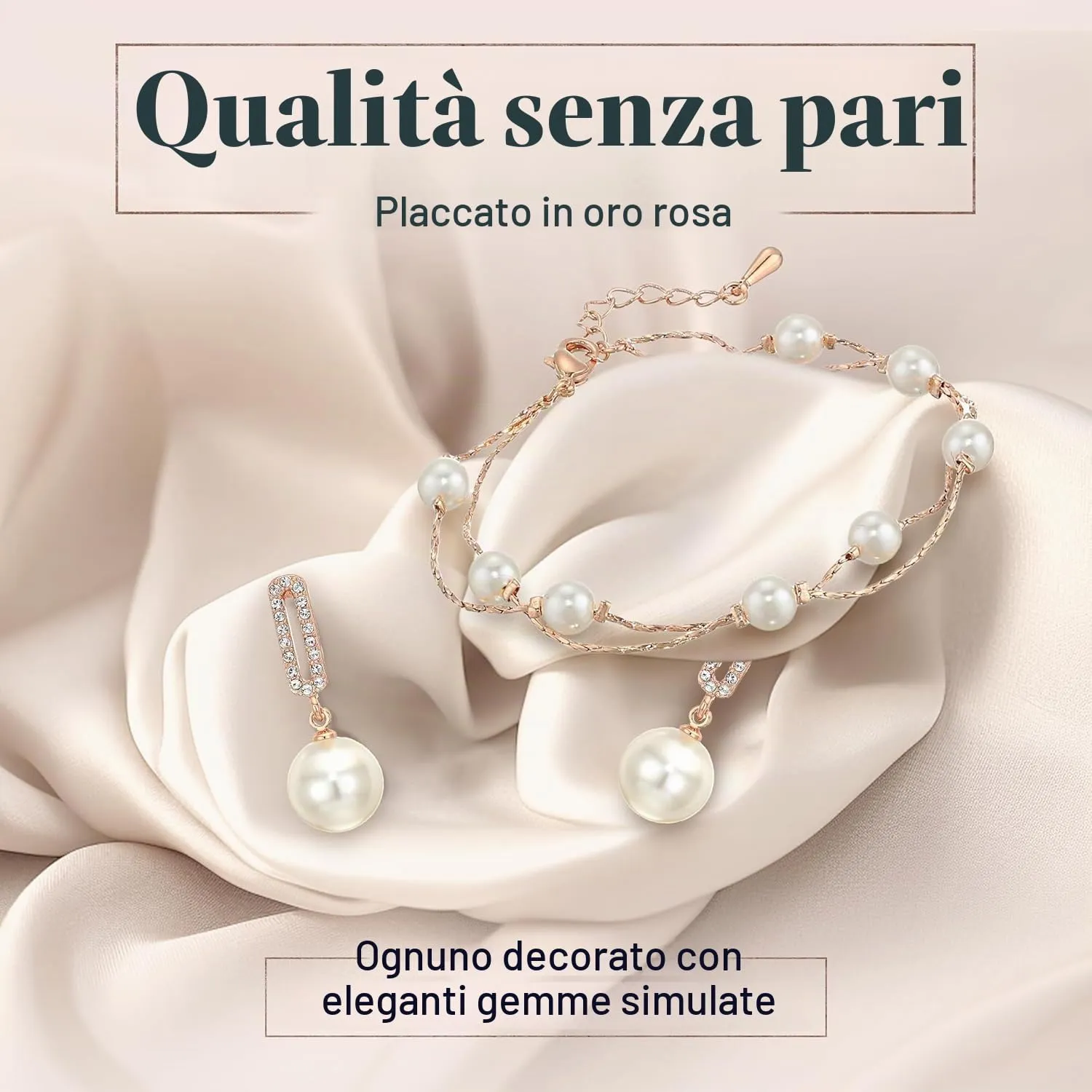 Crystalline Azuria Donna 18ct Placcato Oro Rosa Perla simulata Bianca Parure Collana con Ciondolo 45 cm Orecchini Pendenti Bracciale - immagine 5
