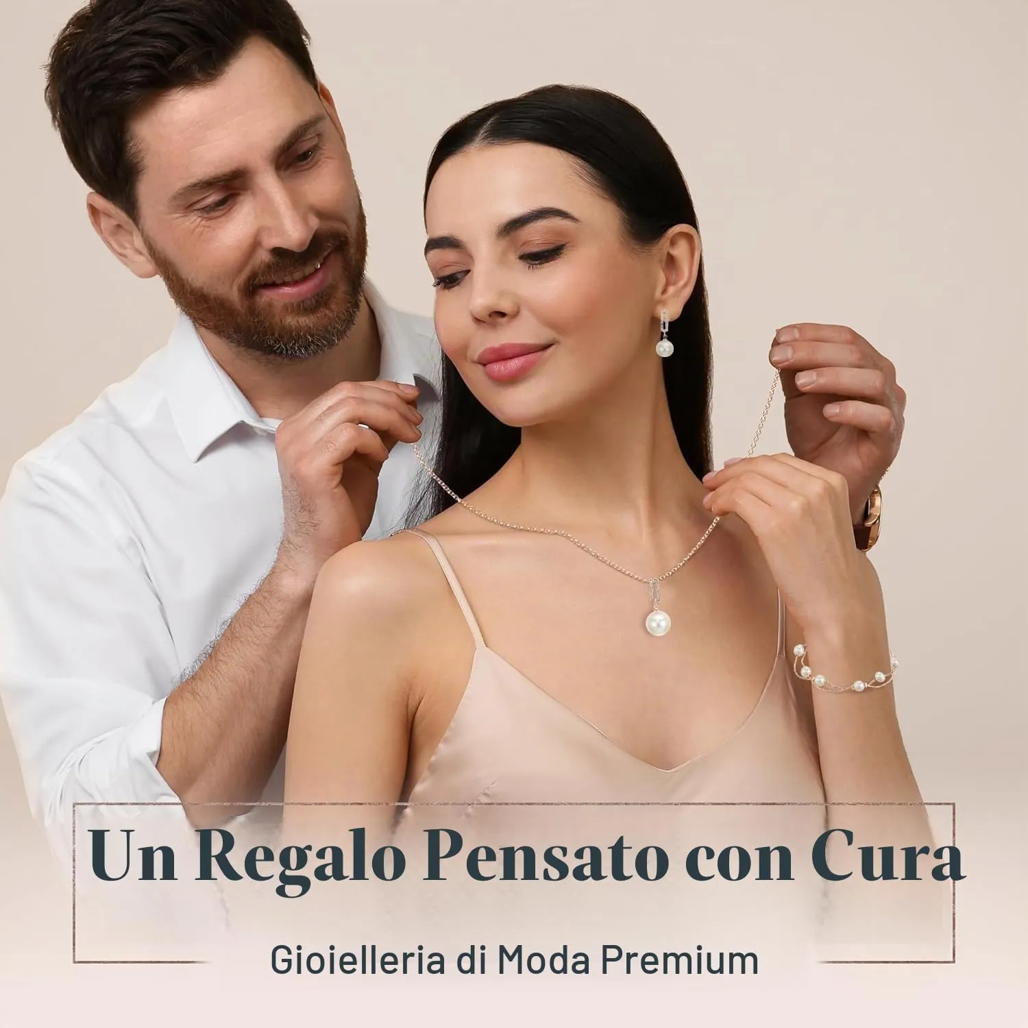 Crystalline Azuria Donna 18ct Placcato Oro Rosa Perla simulata Bianca Parure Collana con Ciondolo 45 cm Orecchini Pendenti Bracciale - immagine 7