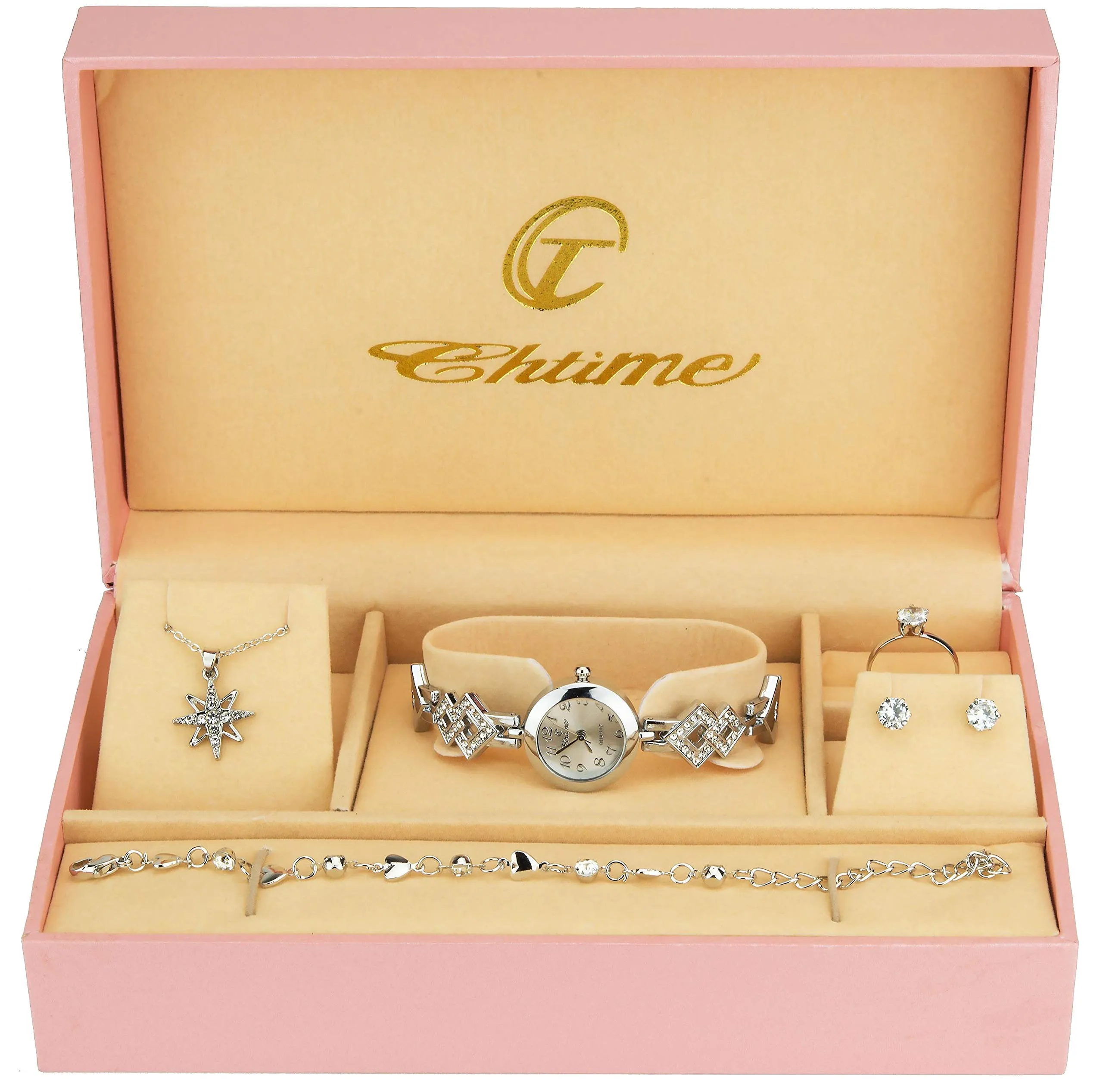 Cofanetto Orologio Donna - Parure di gioielli- Collana-Anello- Orecchini - Cinturino - immagine 1