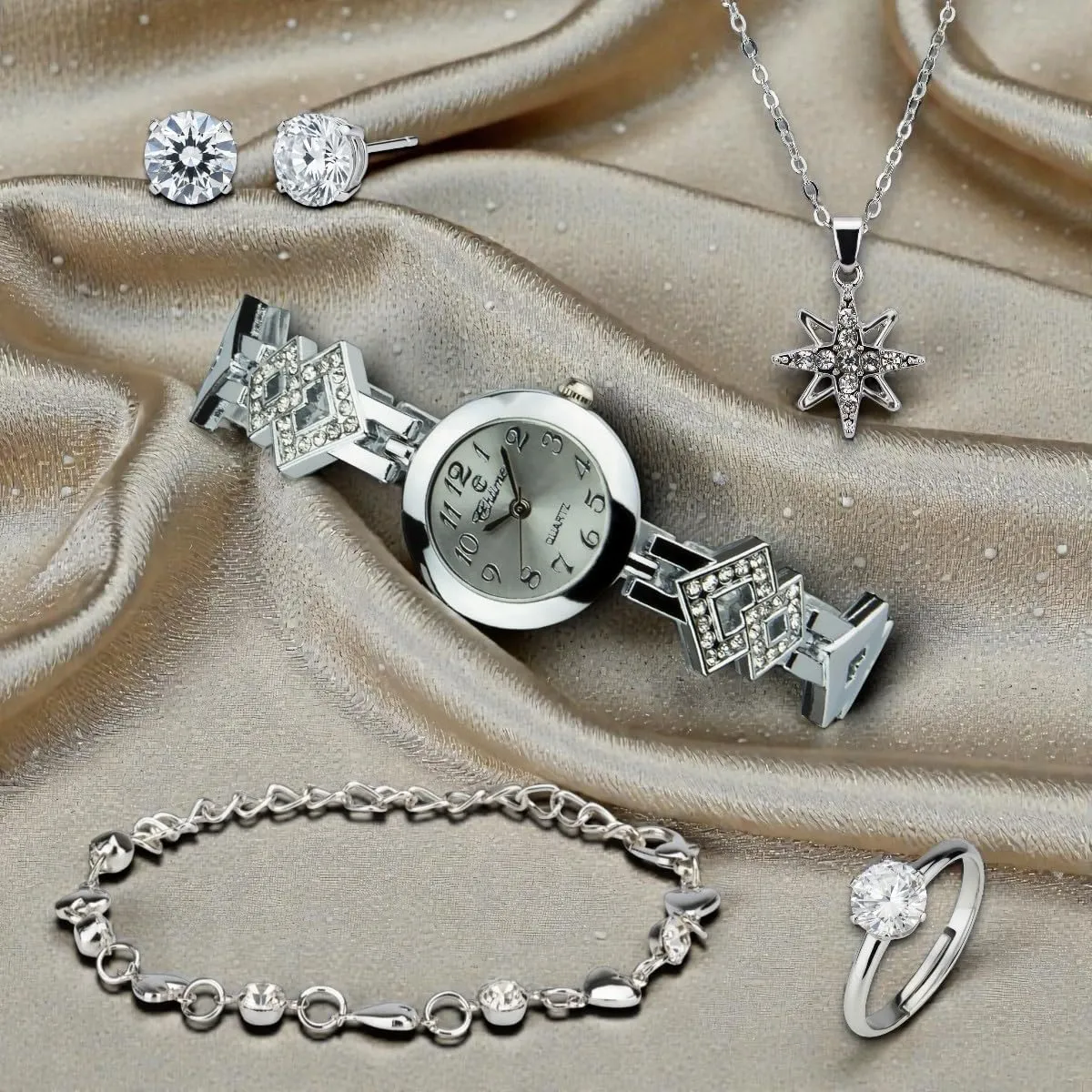 Cofanetto Orologio Donna - Parure di gioielli- Collana-Anello- Orecchini - Cinturino - immagine 5