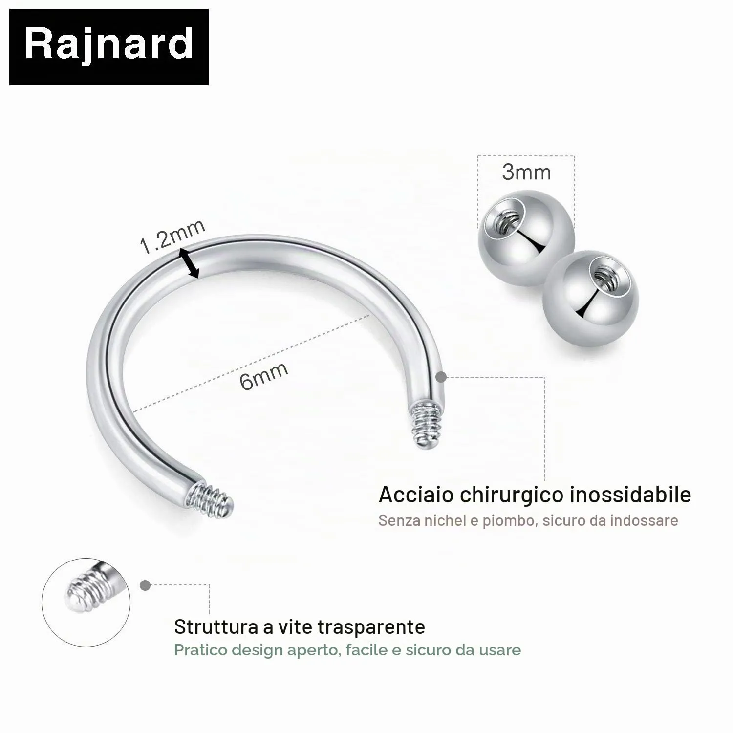 Rajnard Piercing Naso Piercing Septum Anelli 16G 6mm Acciaio Chirurgico Piercing Helix Tragus Cartilagine Labbro Anello a Ferro di Cavallo Piercing Gioielli - immagine 2